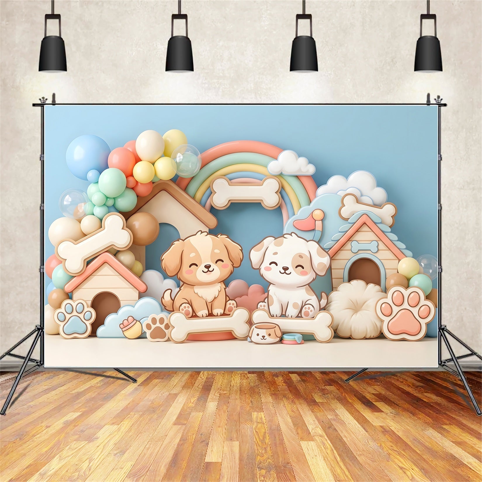 Toile de fond photo pour enfant avec chiot niche arc-en-ciel et ballons CEM65-32