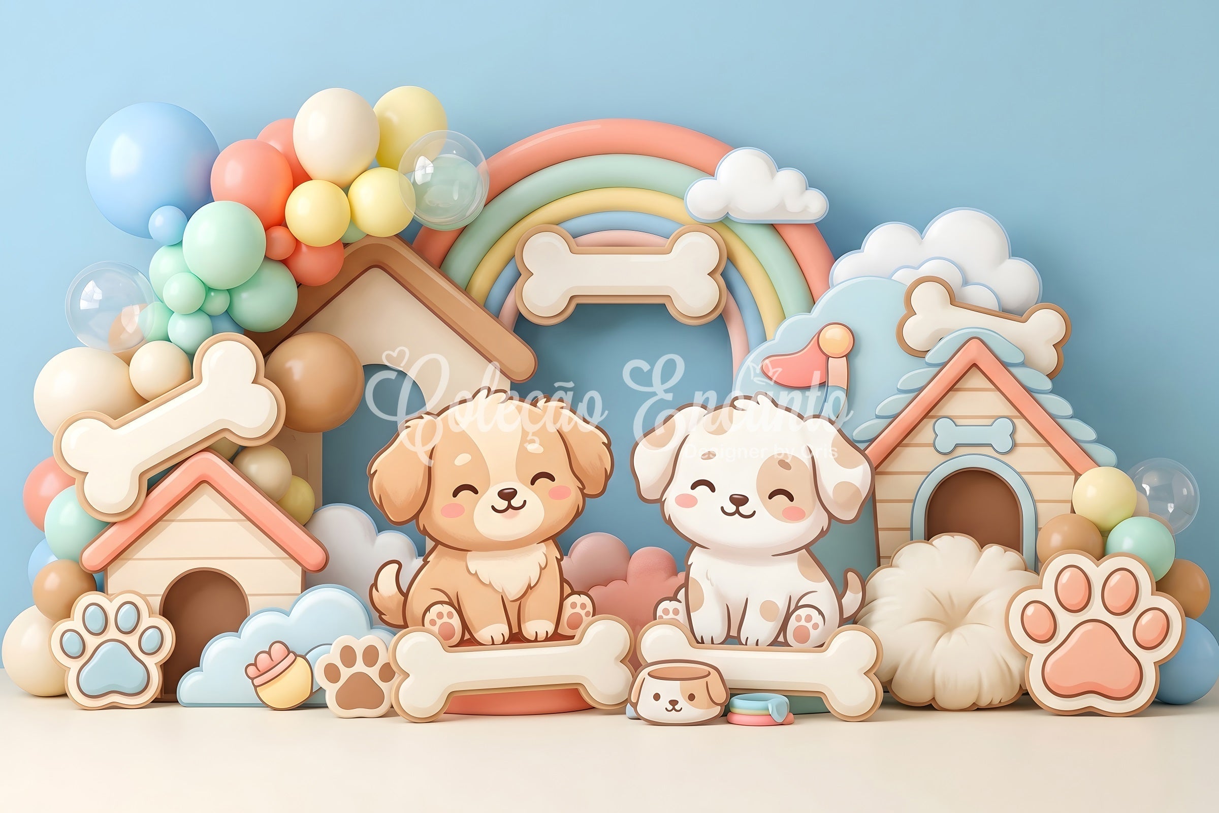 Toile de fond photo pour enfant avec chiot niche arc-en-ciel et ballons CEM65-32