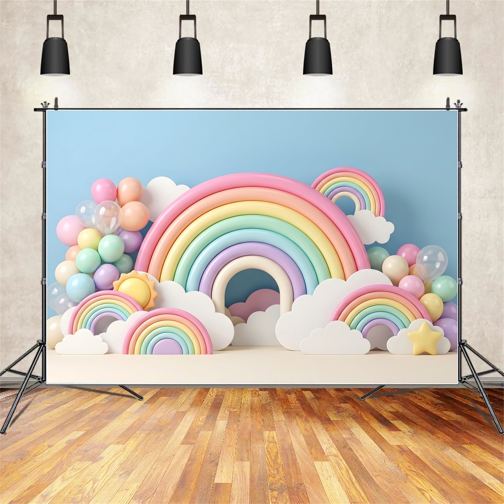 Toile de fond photo pour enfant et nouveau-né avec arc-en-ciel pastel nuages et arche de ballons CEM65-34