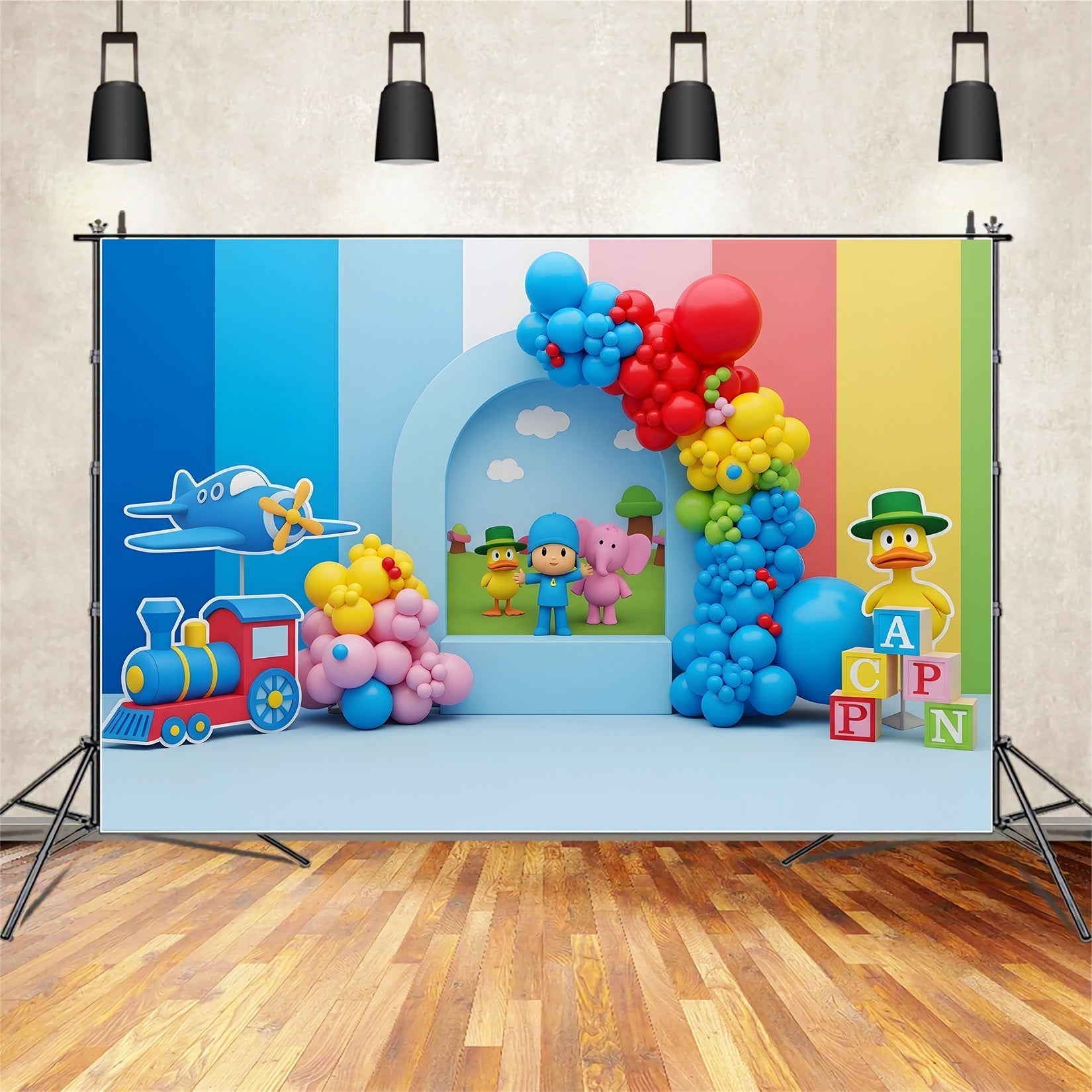 Toile de fond pour enfant et nouveau-né avec train jouet coloré avion et cubes CEM65-36