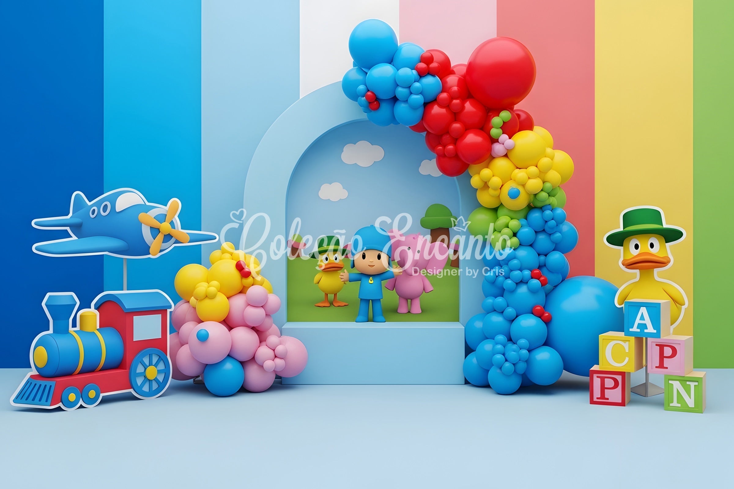 Toile de fond pour enfant et nouveau-né avec train jouet coloré avion et cubes CEM65-36
