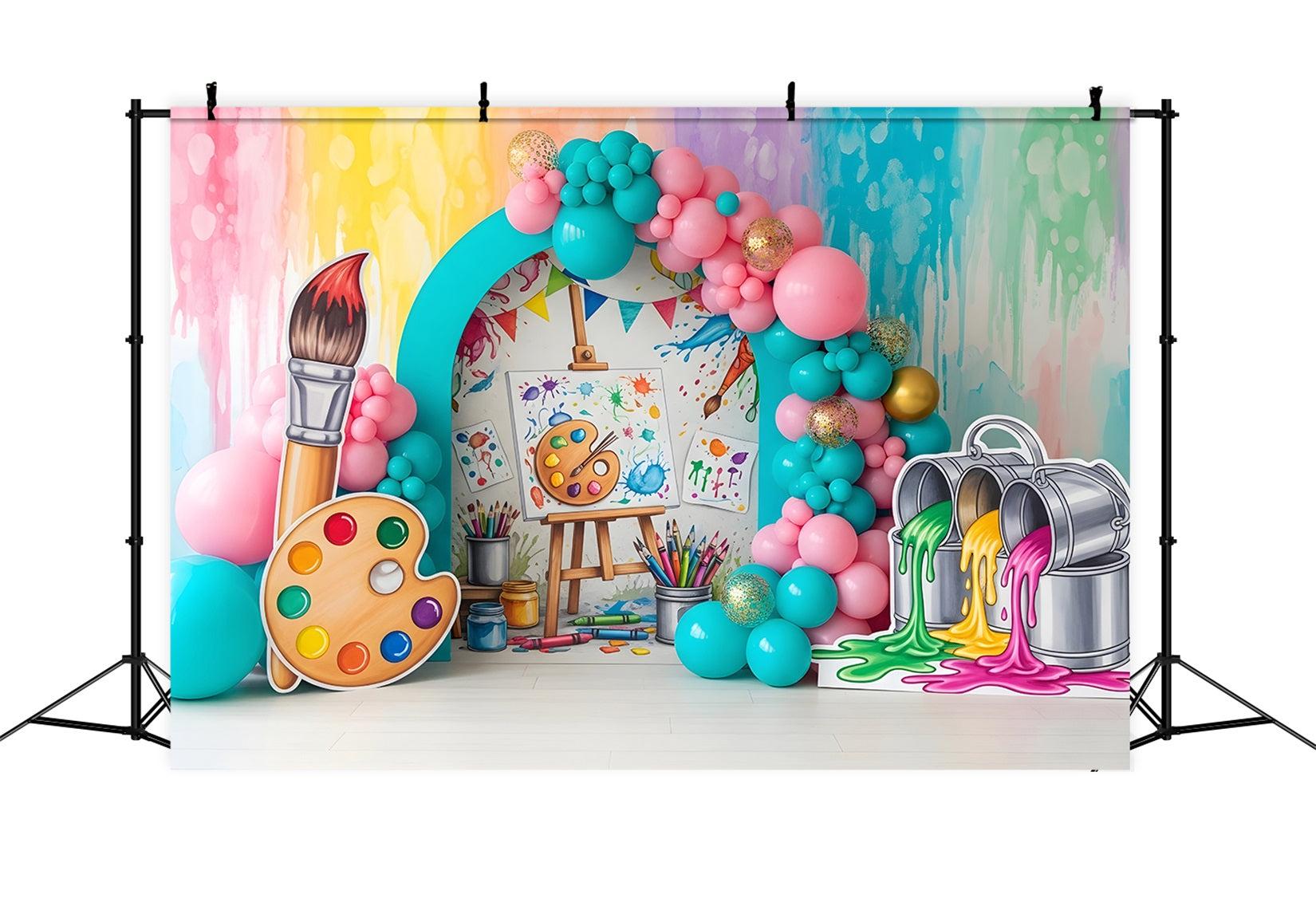 Toile de fond photo pour enfant avec artiste éclaboussures de peinture et arche de ballons CEM65-37