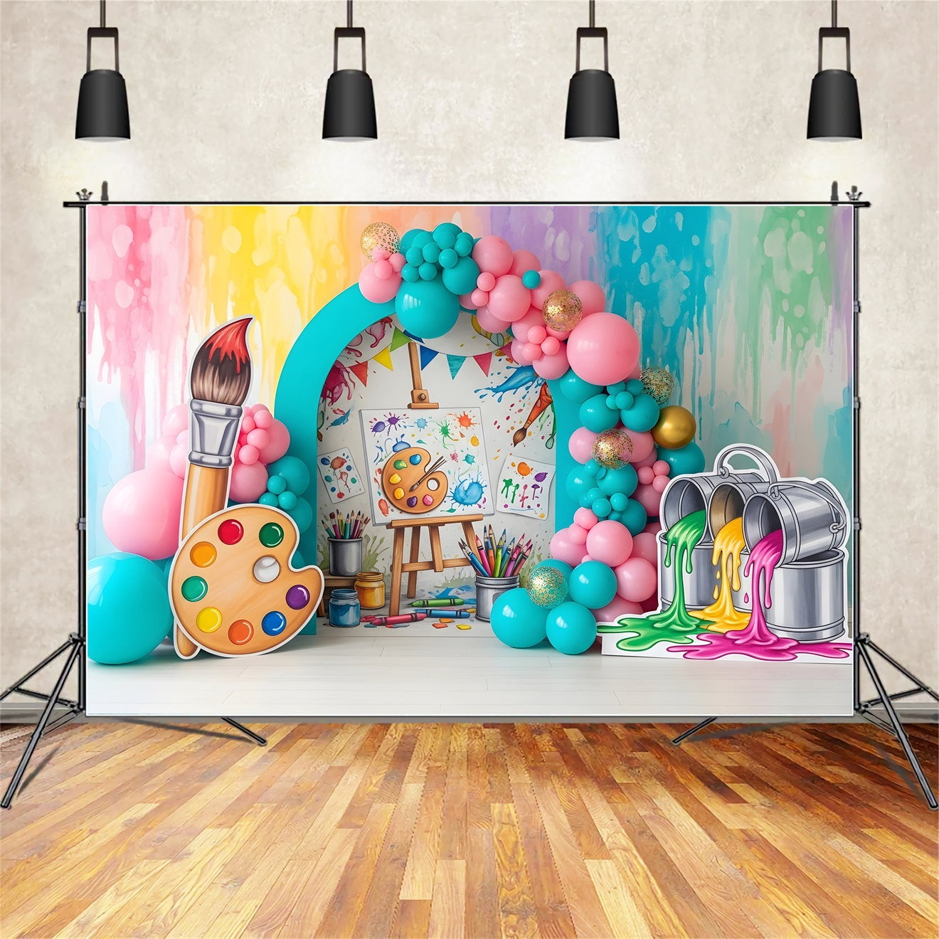 Toile de fond photo pour enfant avec artiste éclaboussures de peinture et arche de ballons CEM65-37