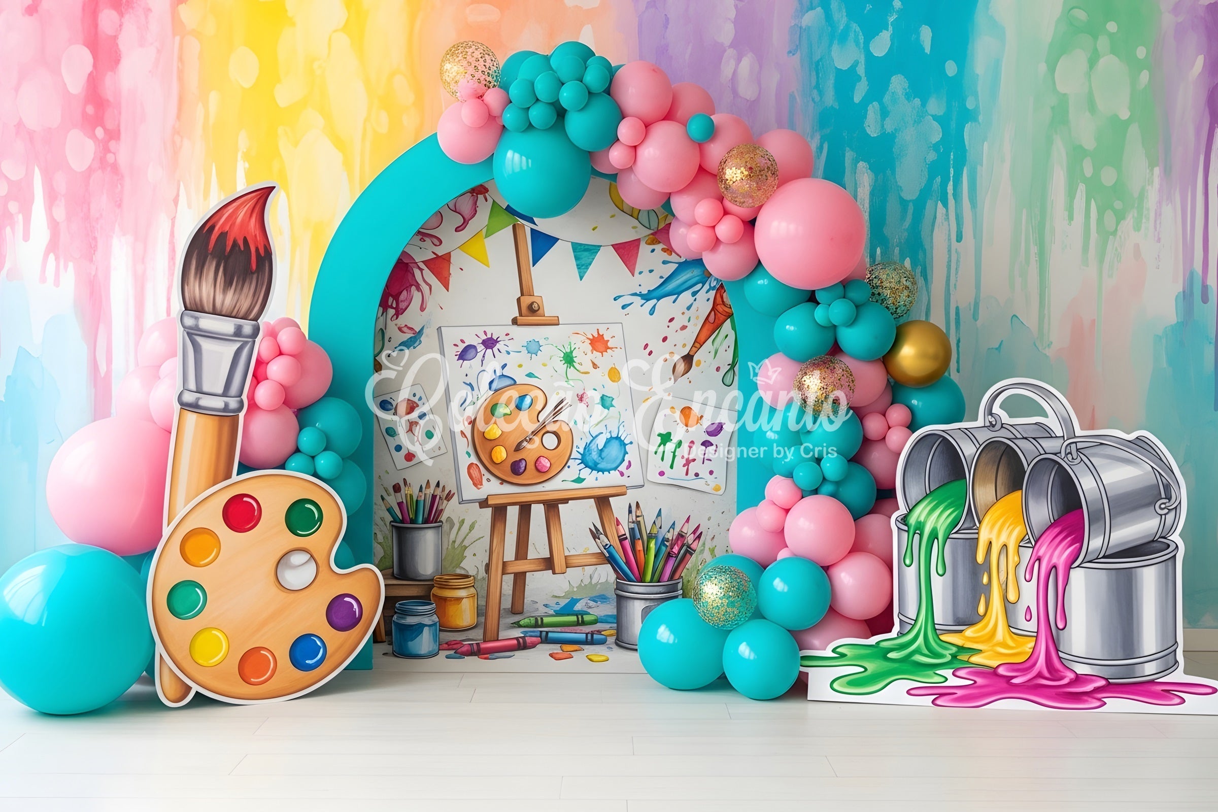 Toile de fond photo pour enfant avec artiste éclaboussures de peinture et arche de ballons CEM65-37