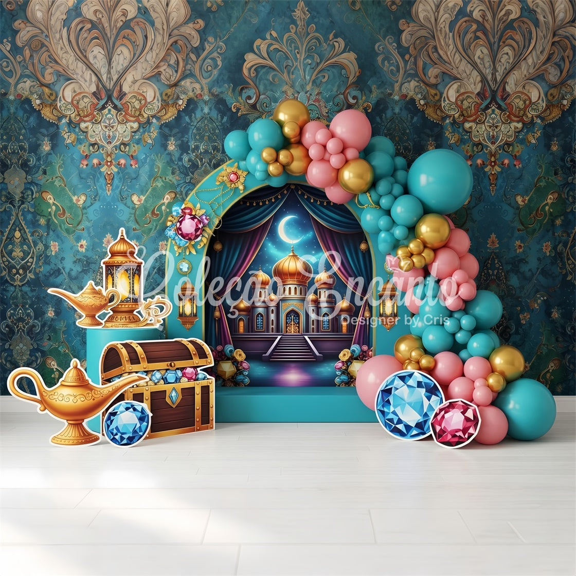 Toile de fond pour enfant avec palais arabe trésor et arche de ballons CEM65-38