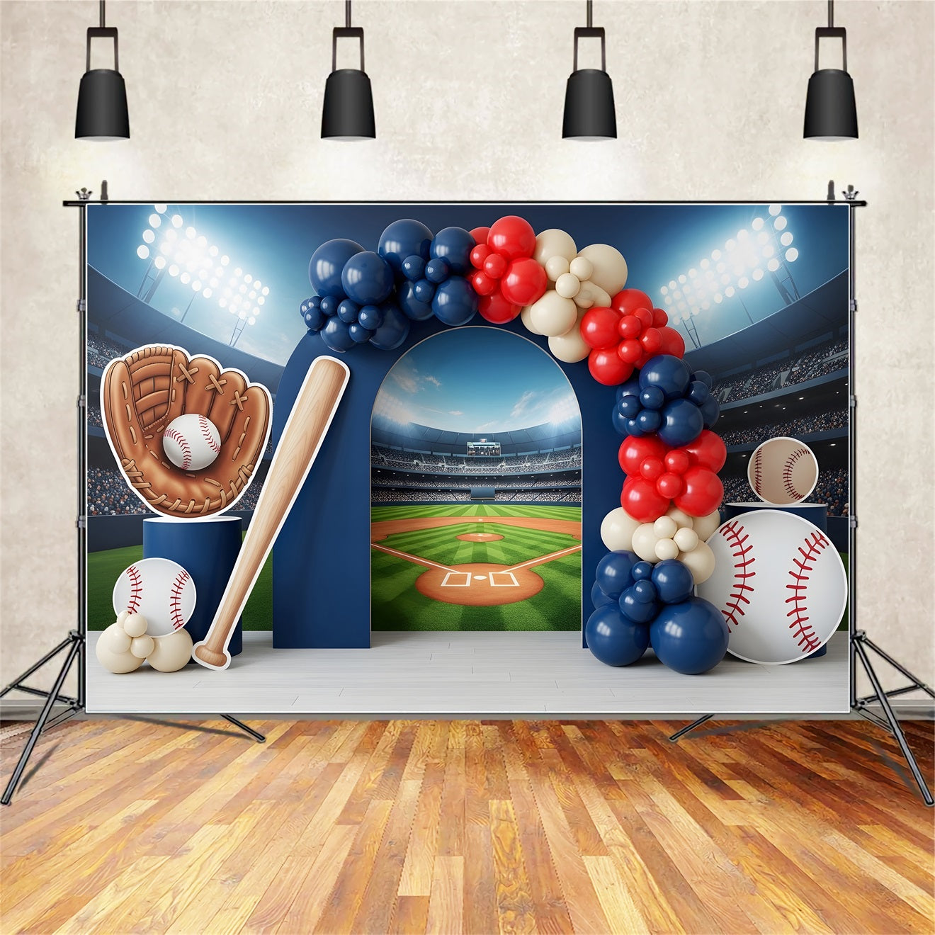 Toile de fond photo pour enfant avec stade de baseball et arche de ballons sportifs CEM65-39