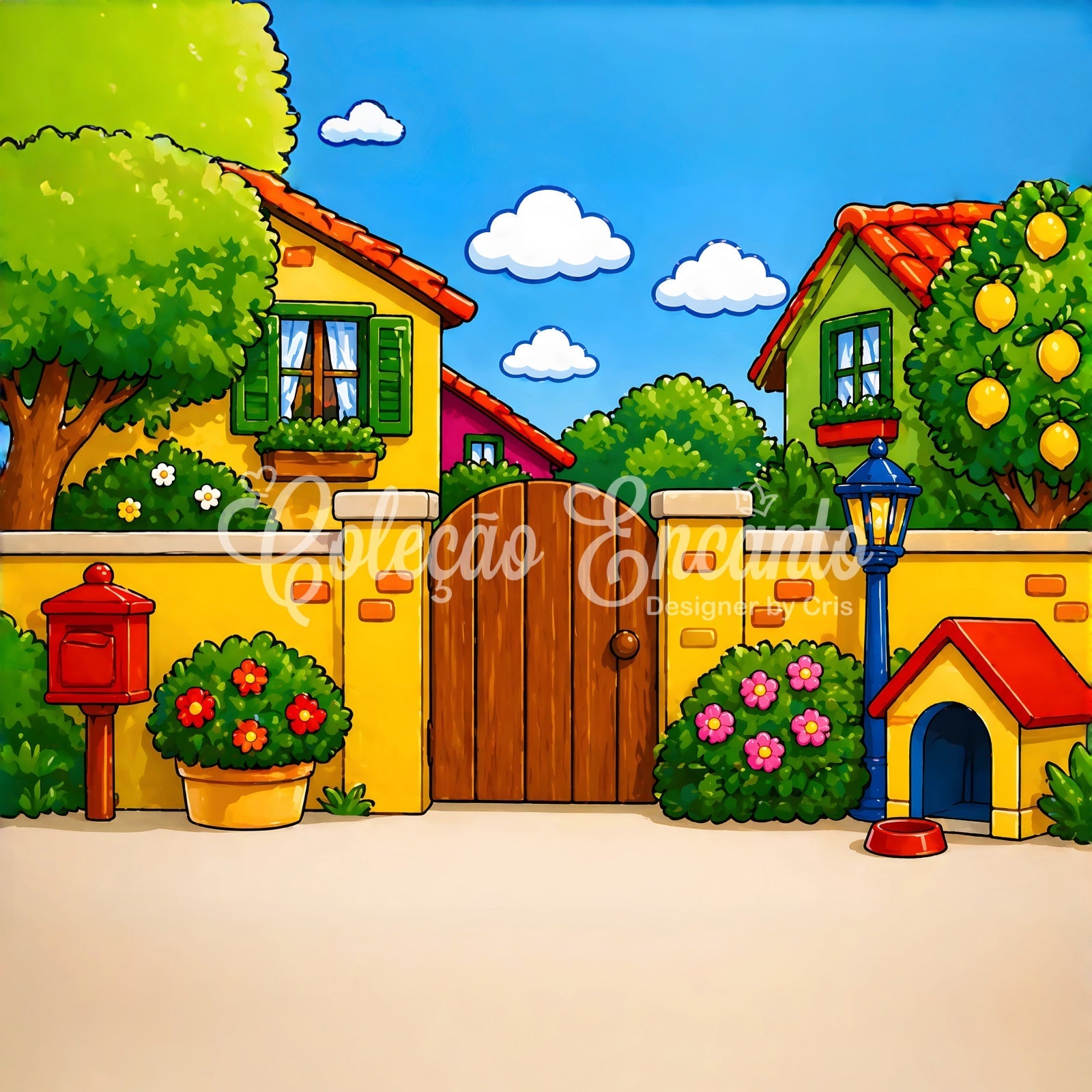 Toile de fond pour nouveau-né avec jardin ensoleillé façon dessin animé et animaux familiers CEM65-4