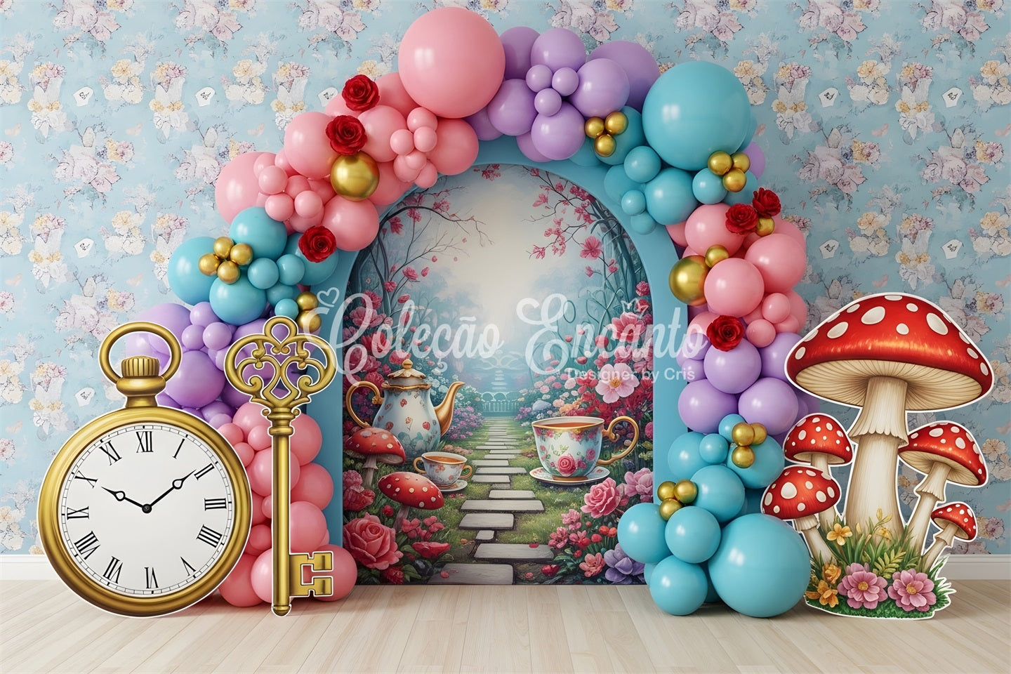 Toile de fond photo pour enfant avec jardin du pays des merveilles thé et arche de ballons CEM65-42