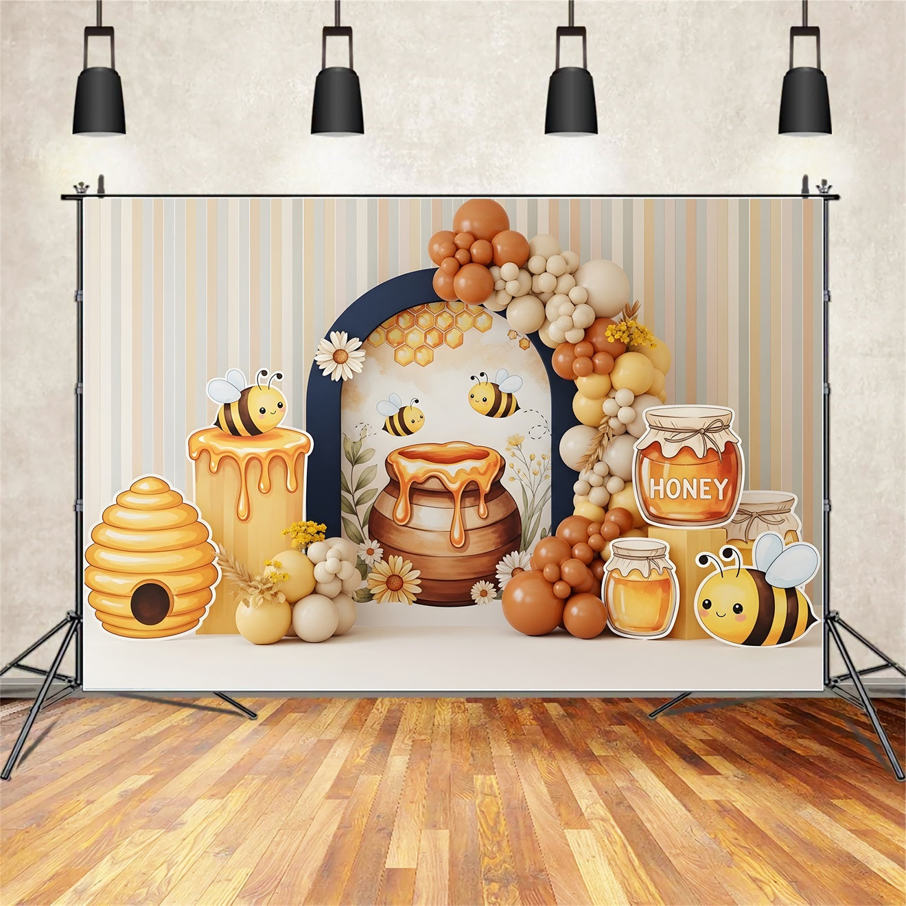 Toile de fond pour enfant avec abeille ruche et arche de ballons CEM65-43