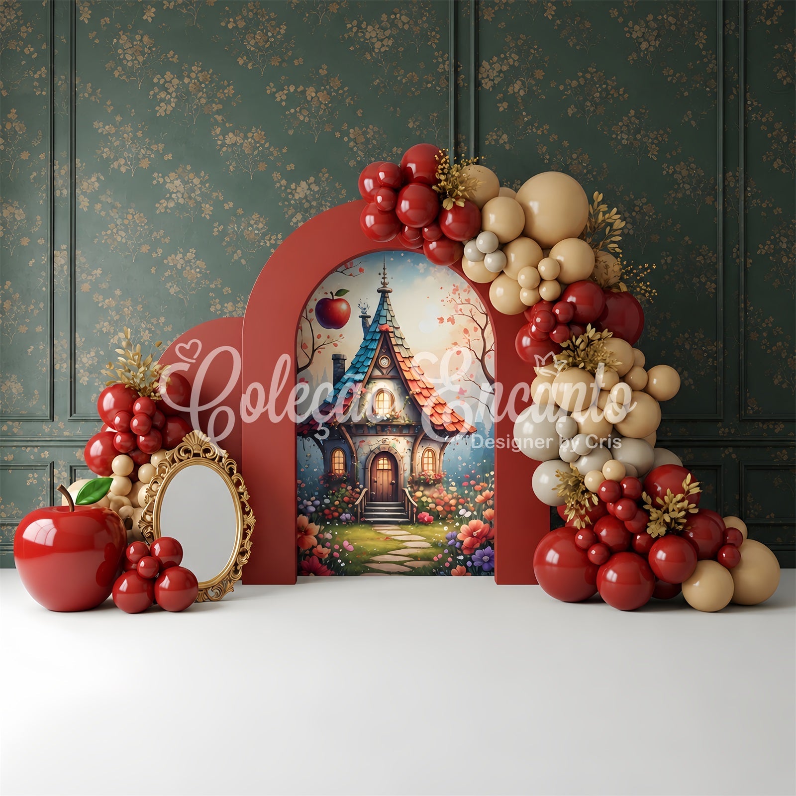 Toile de fond photo pour nouveau-né et enfant avec maison féerique pommes et arche de ballons CEM65-44