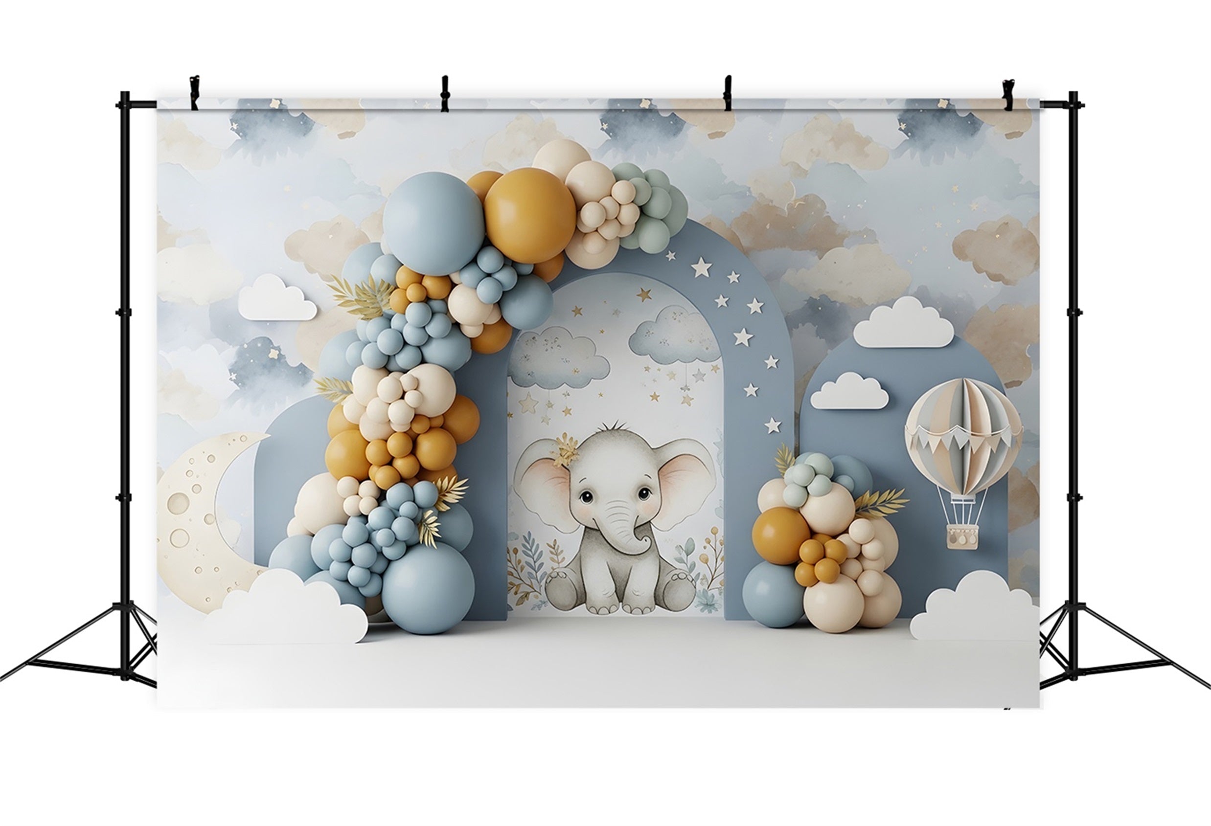 Toile de fond photo pour nouveau-né avec éléphant lune nuages et arche de ballons CEM65-45