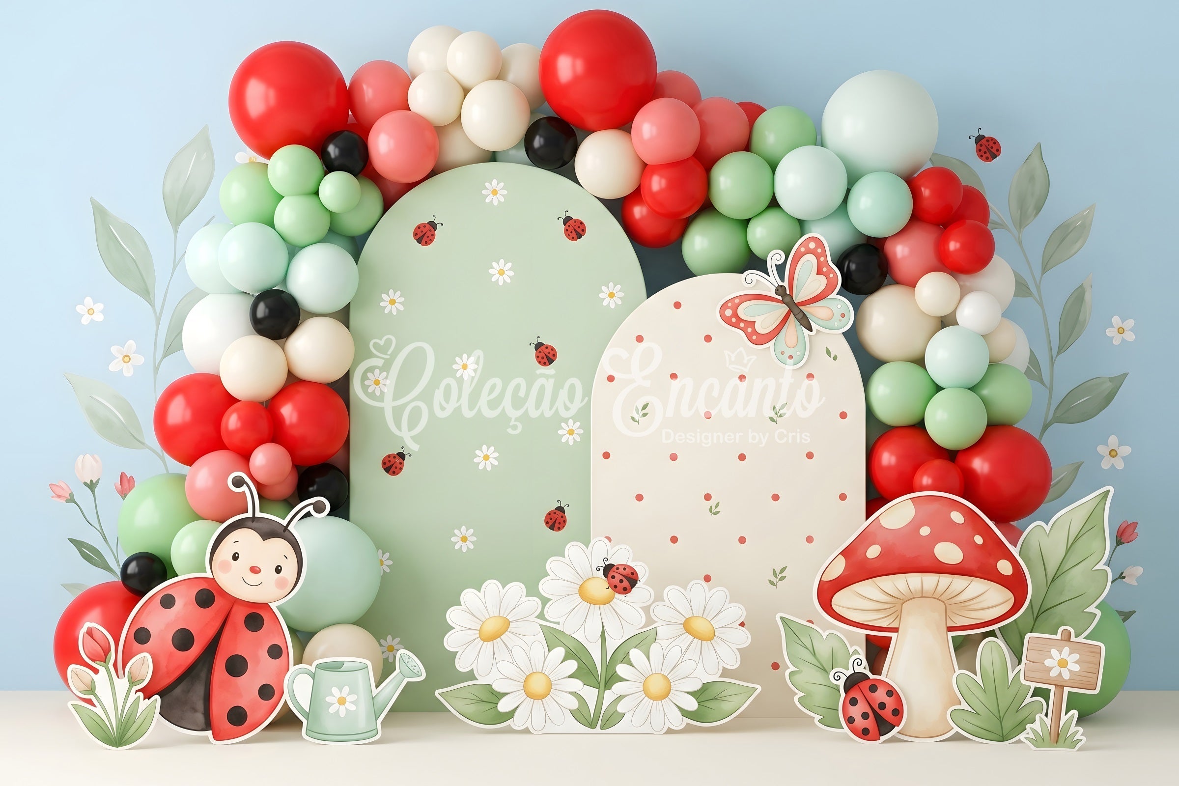 Toile de fond pour bébé et enfant avec coccinelles marguerites champignons et ballons CEM65-50
