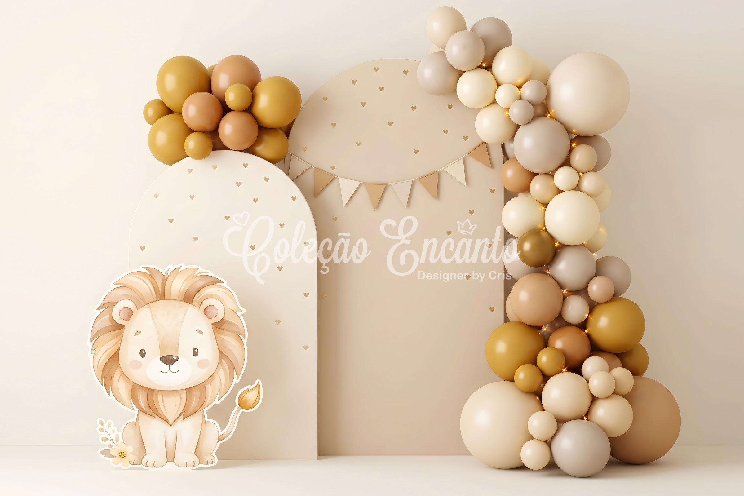 Toile de fond neutre pour nouveau-né avec lion doré et arche de ballons CEM65-51