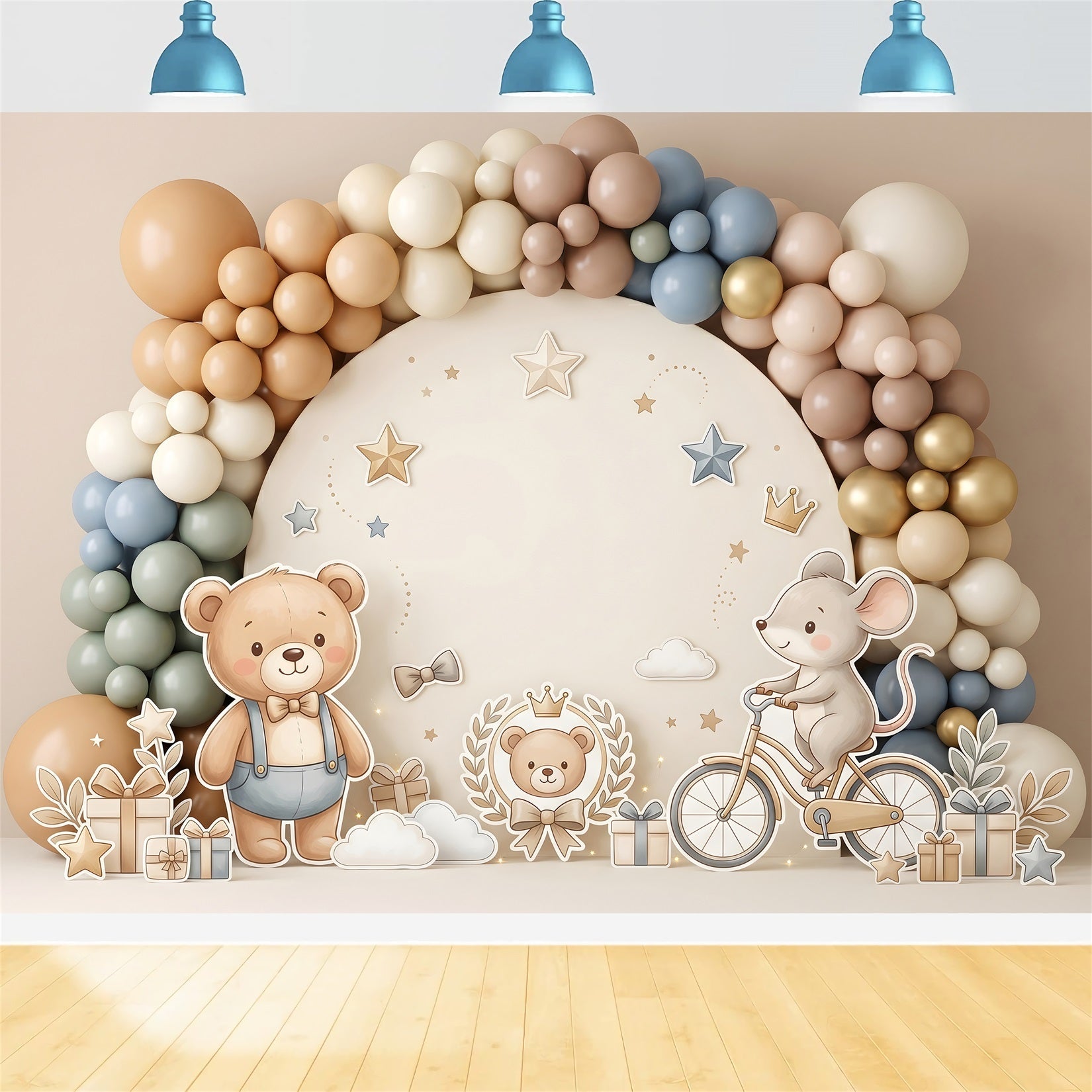 Toile de fond photo pour enfant avec ours souris vélo cadeaux et ballons CEM65-52