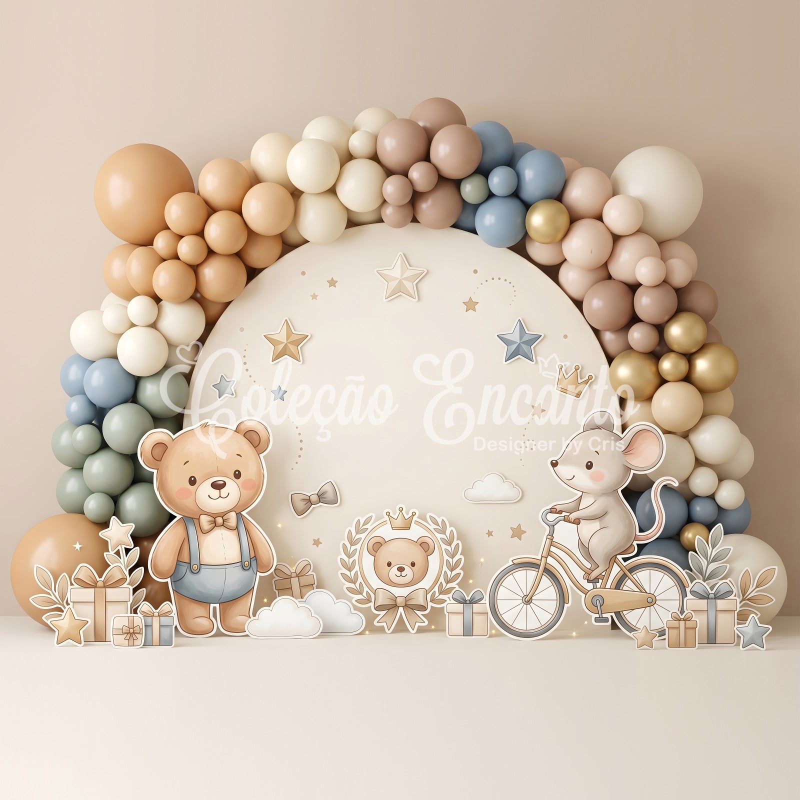 Toile de fond photo pour enfant avec ours souris vélo cadeaux et ballons CEM65-52
