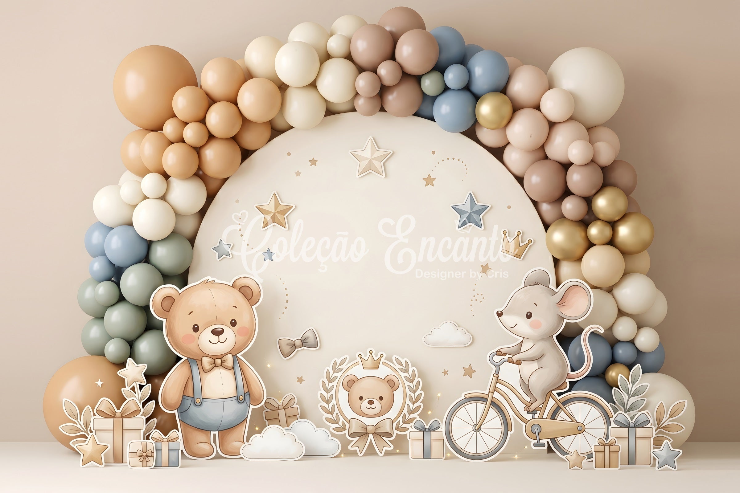 Toile de fond photo pour enfant avec ours souris vélo cadeaux et ballons CEM65-52