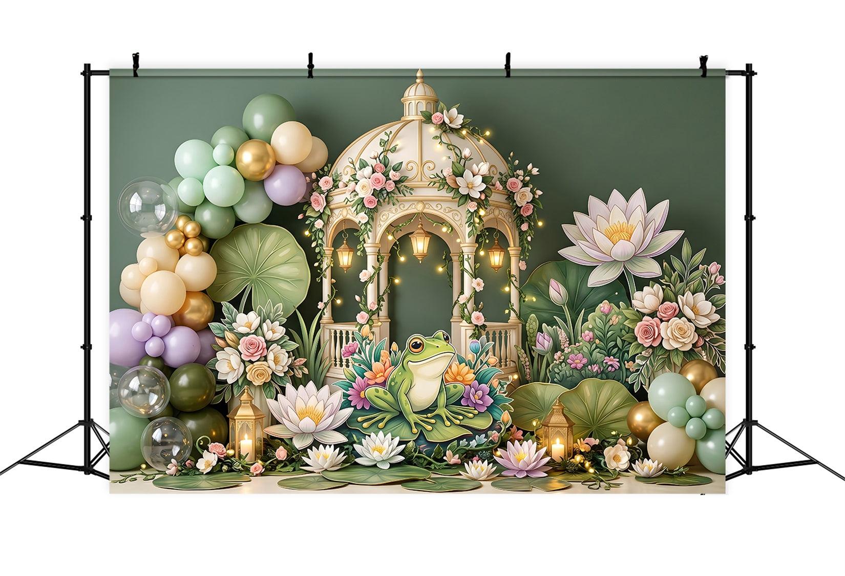 Toile de fond de fête pour enfant avec grenouille bassin de nénuphars et kiosque de jardin CEM65-59