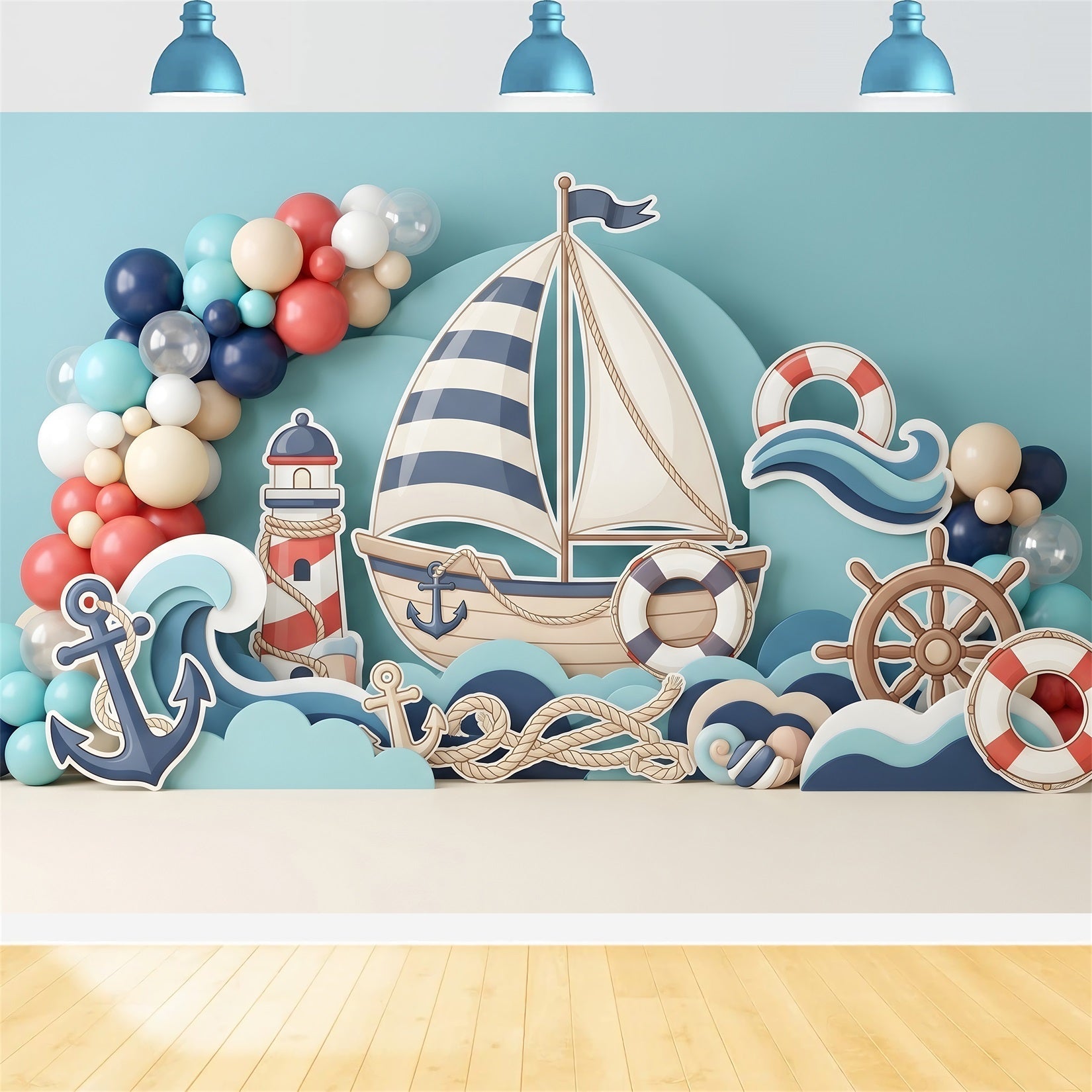 Toile de fond photo pour nouveau-né avec voilier ancre et ballons marins CEM65-60