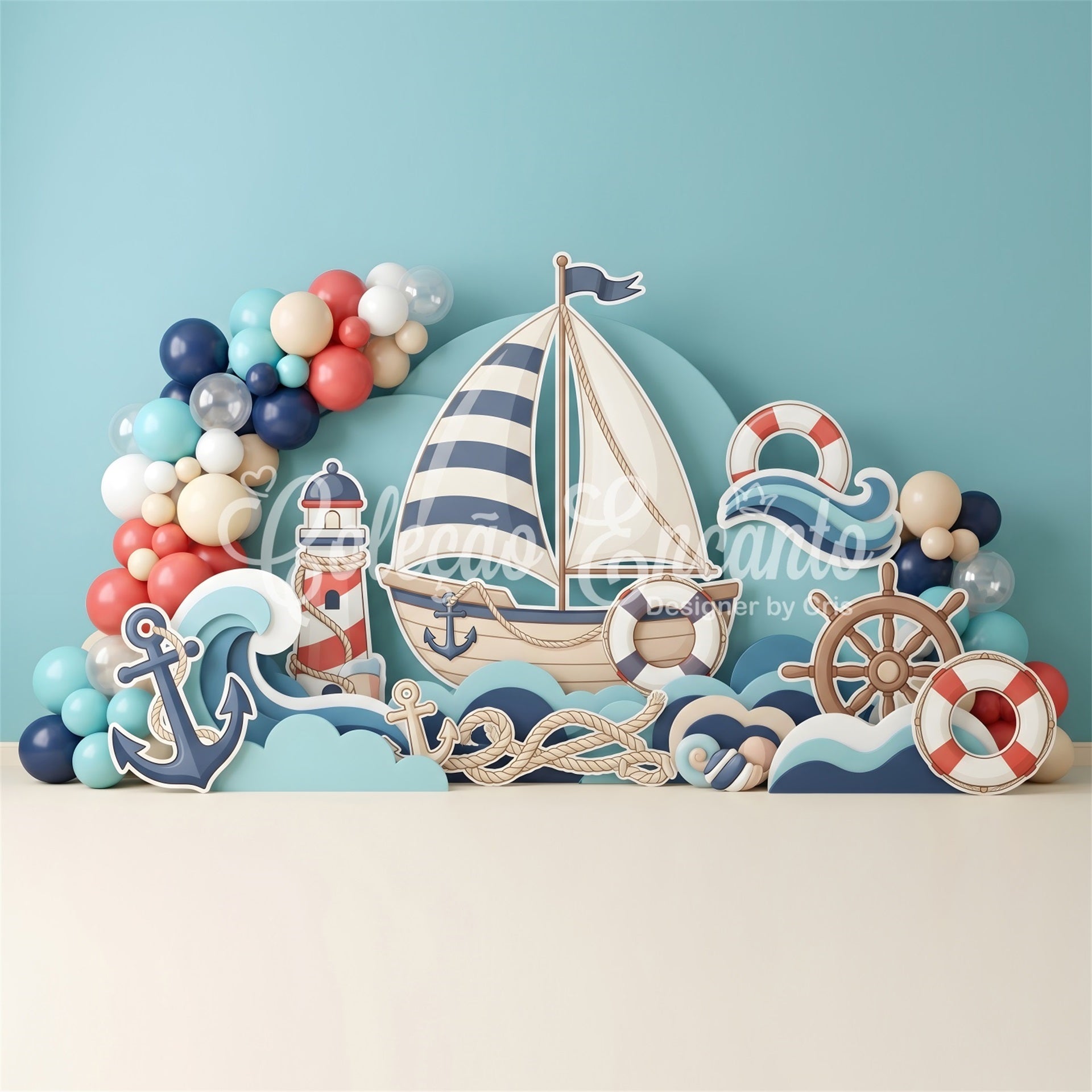 Toile de fond photo pour nouveau-né avec voilier ancre et ballons marins CEM65-60