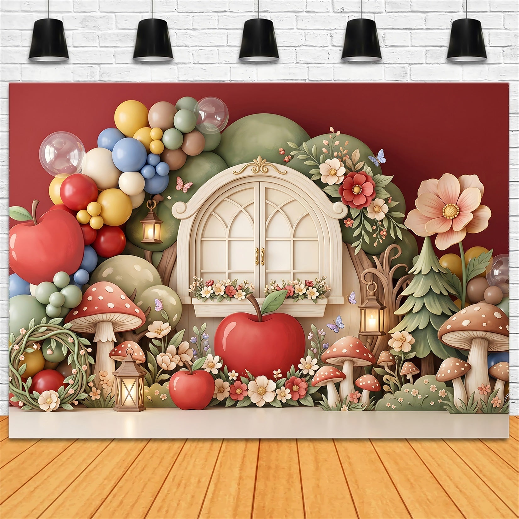 Toile de fond pour nouveau-né avec pommes fenêtre champignon lanterne et jardin CEM65-62