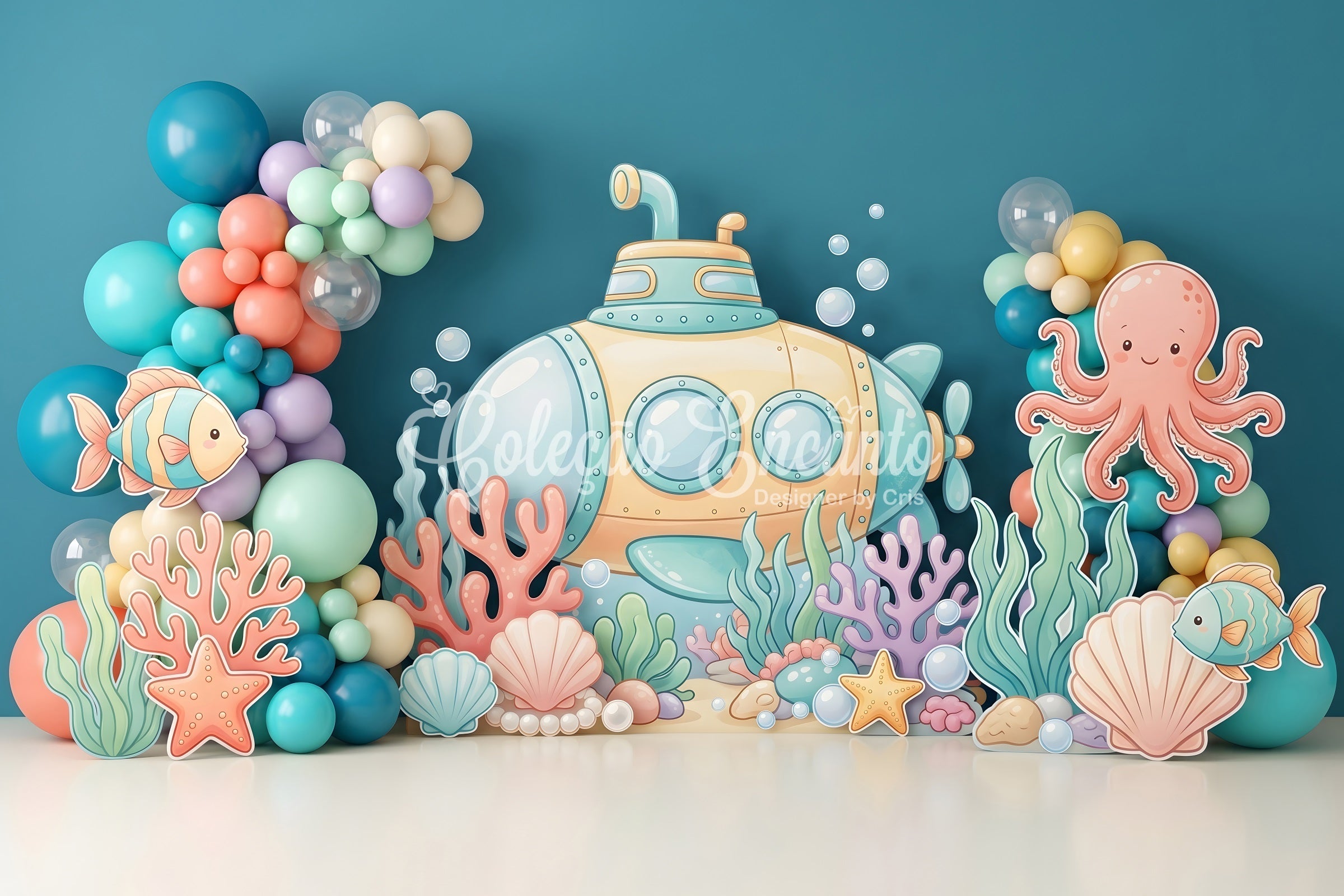 Toile de fond photo pour enfant avec sous-marin océan coraux et jardin de ballons CEM65-63