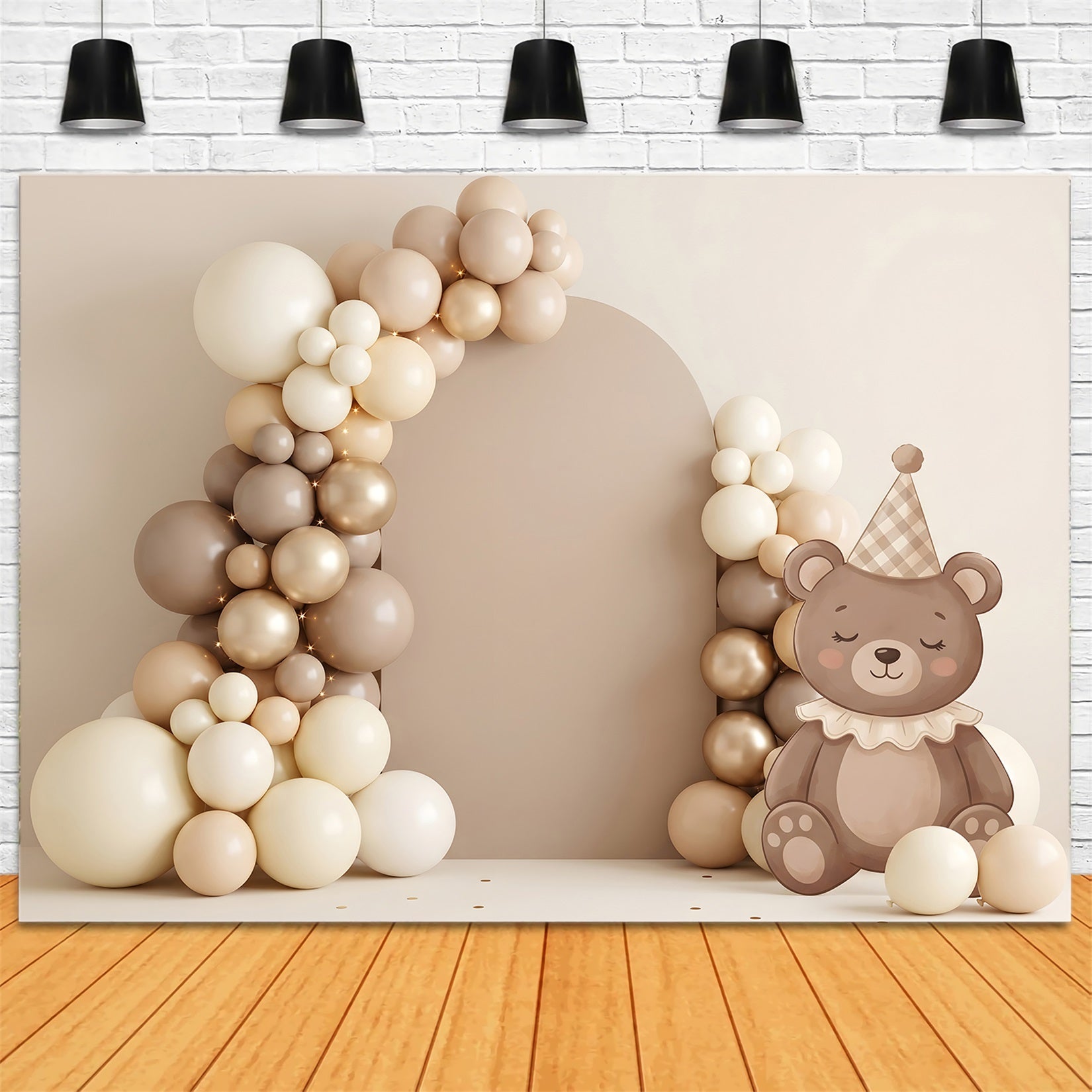 Toile de fond neutre pour nouveau-né avec ours en peluche et arche de ballons CEM65-64
