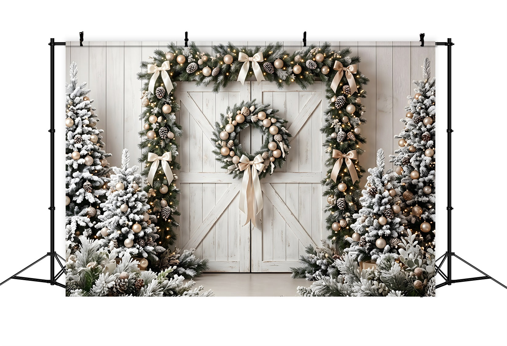 Toile de fond de Noël avec porte de grange givrée et couronne de sapin CEM65-72