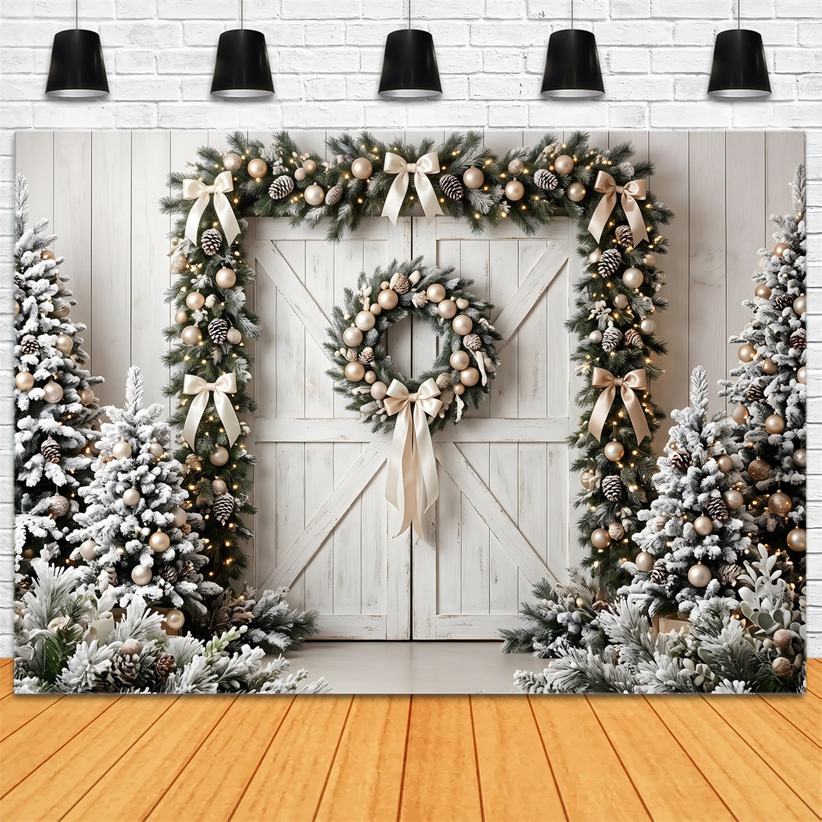 Toile de fond de Noël avec porte de grange givrée et couronne de sapin CEM65-72