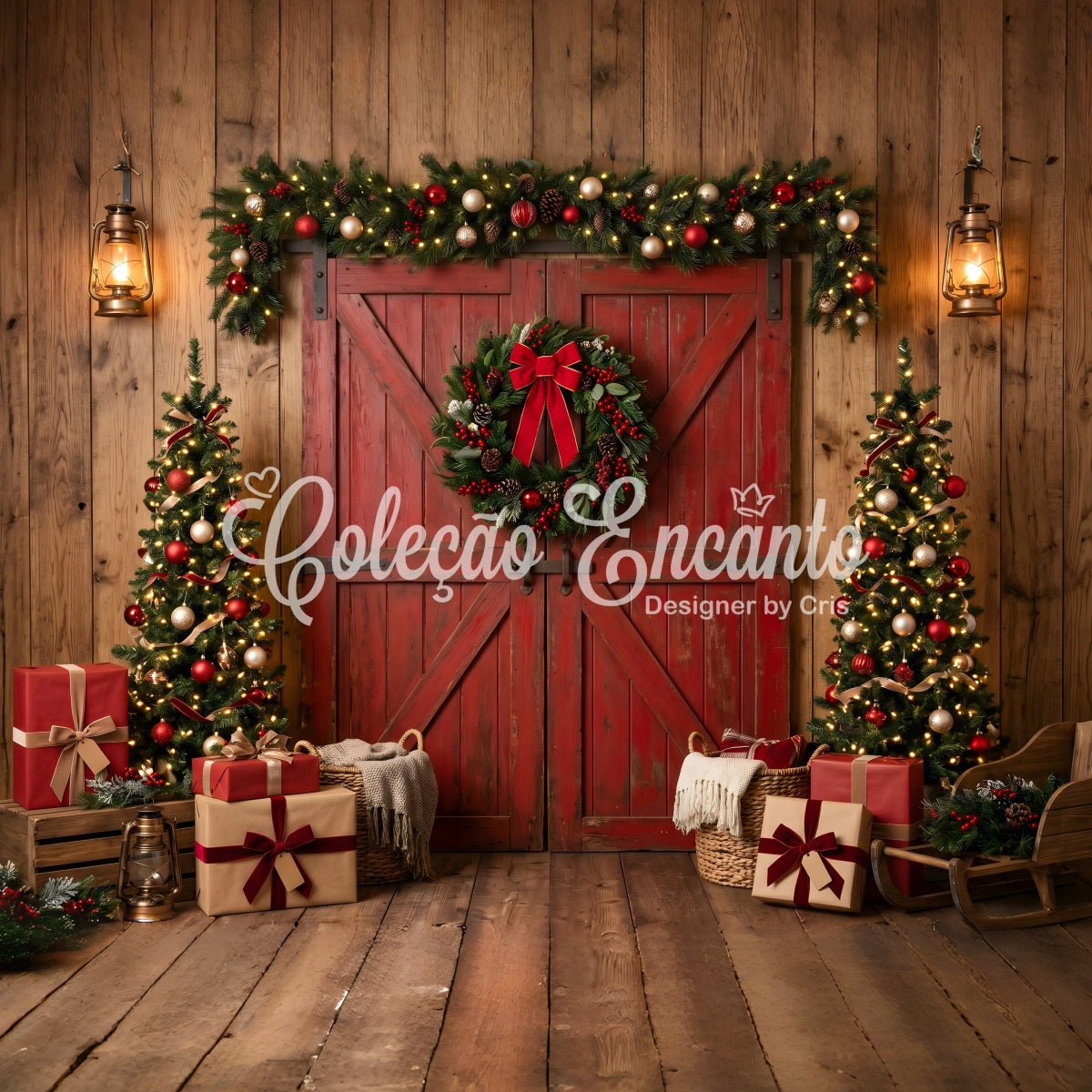 Toile de fond de Noël avec grange rouge rustique couronne et sapins CEM65-73