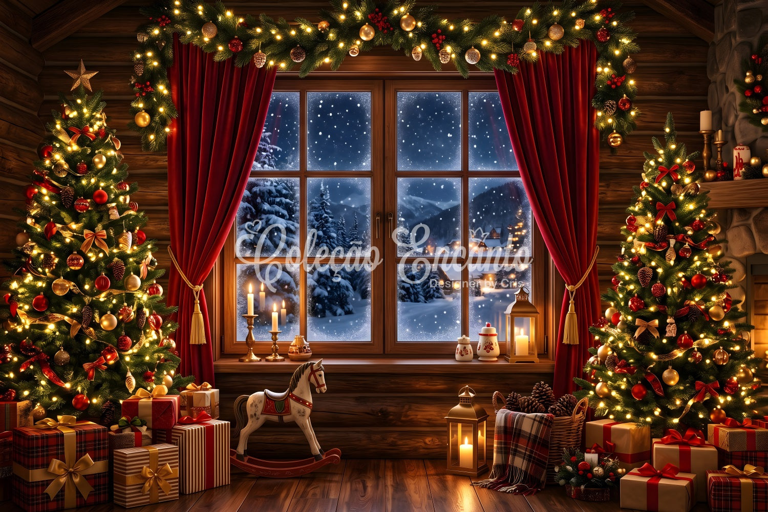 Toile de fond photo de Noël avec chalet chaleureux fenêtre enneigée et sapins CEM65-75