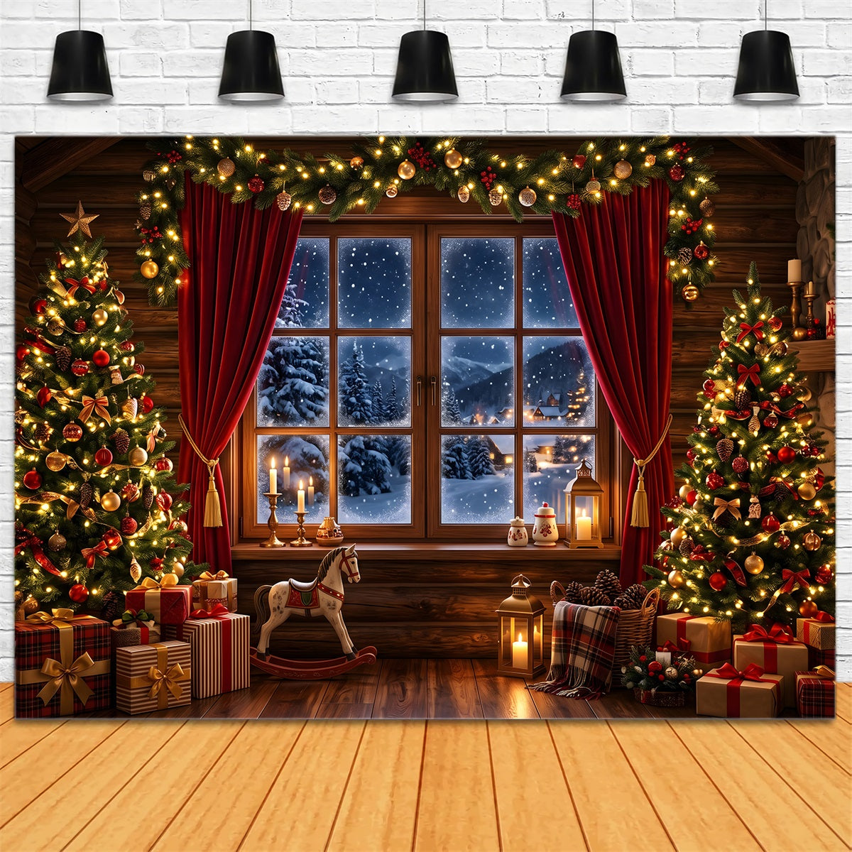 Toile de fond photo de Noël avec chalet chaleureux fenêtre enneigée et sapins CEM65-75