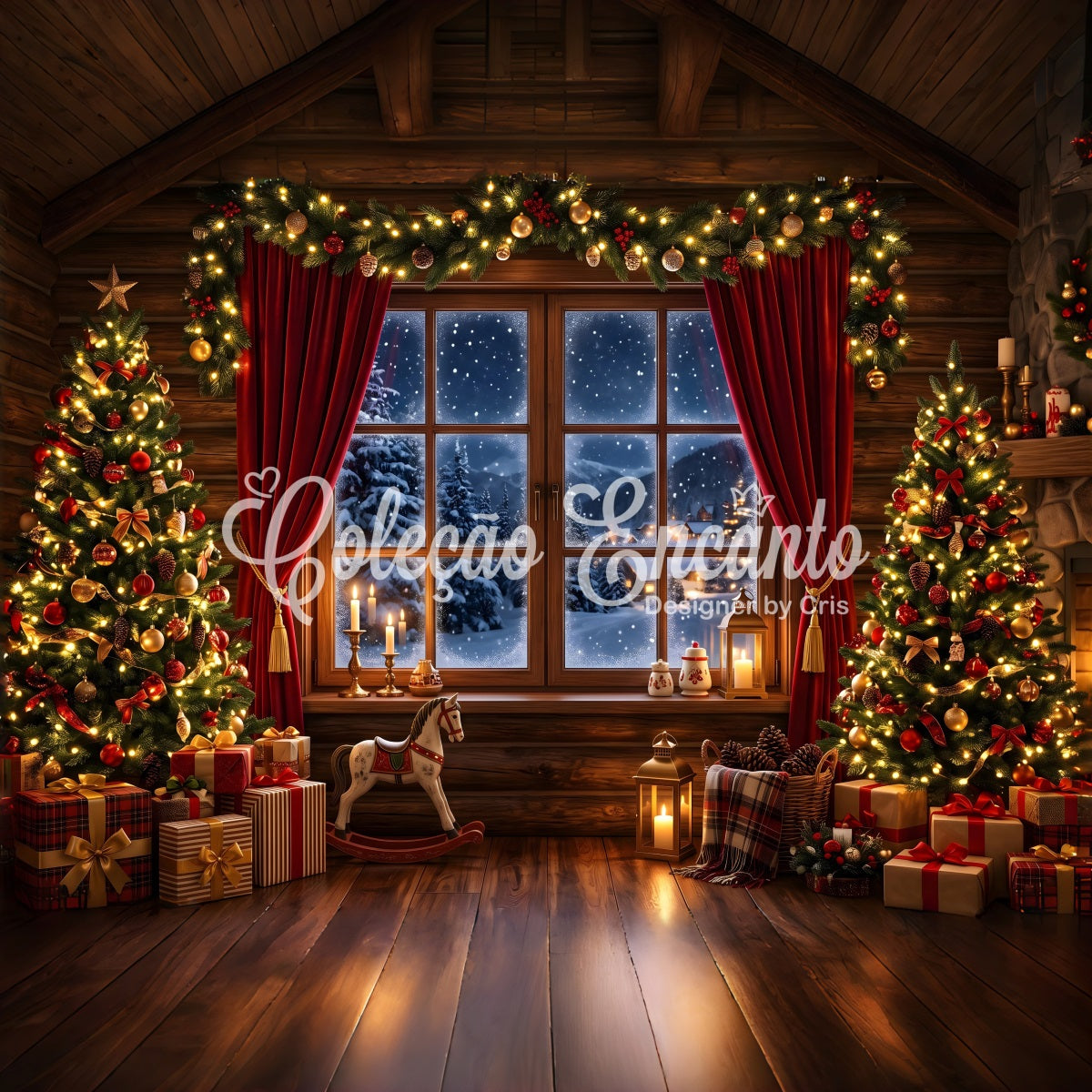 Toile de fond photo de Noël avec chalet chaleureux fenêtre enneigée et sapins CEM65-75