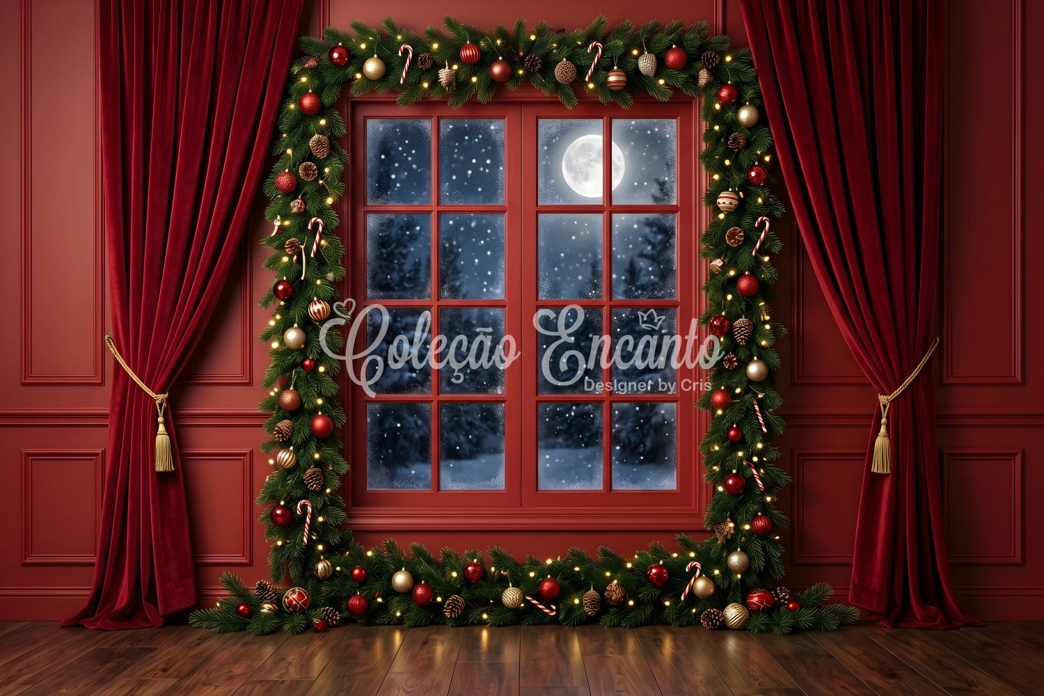 Toile de fond de Noël avec fenêtre rouge cramoisi au clair de lune et guirlande CEM65-77