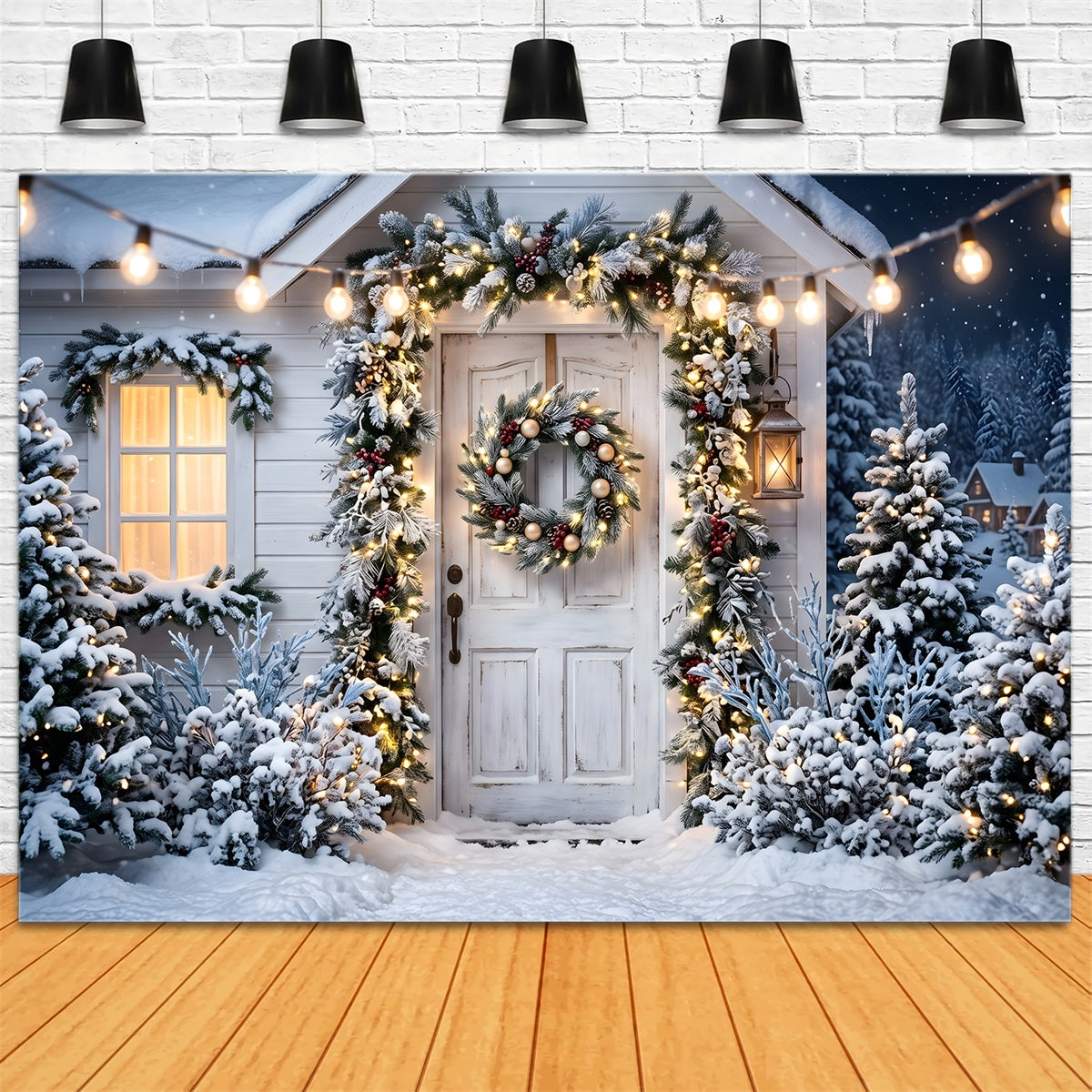 Toile de fond de Noël avec porche blanc enneigé et couronne pour photomaton CEM65-78
