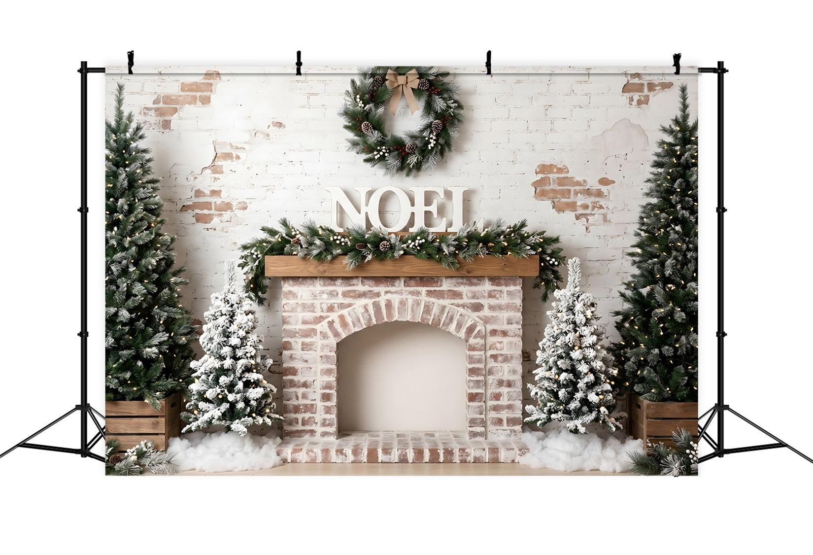 Toile de fond de Noël format 10 × 10 avec cheminée en briques givrées et couronne CEM65-81