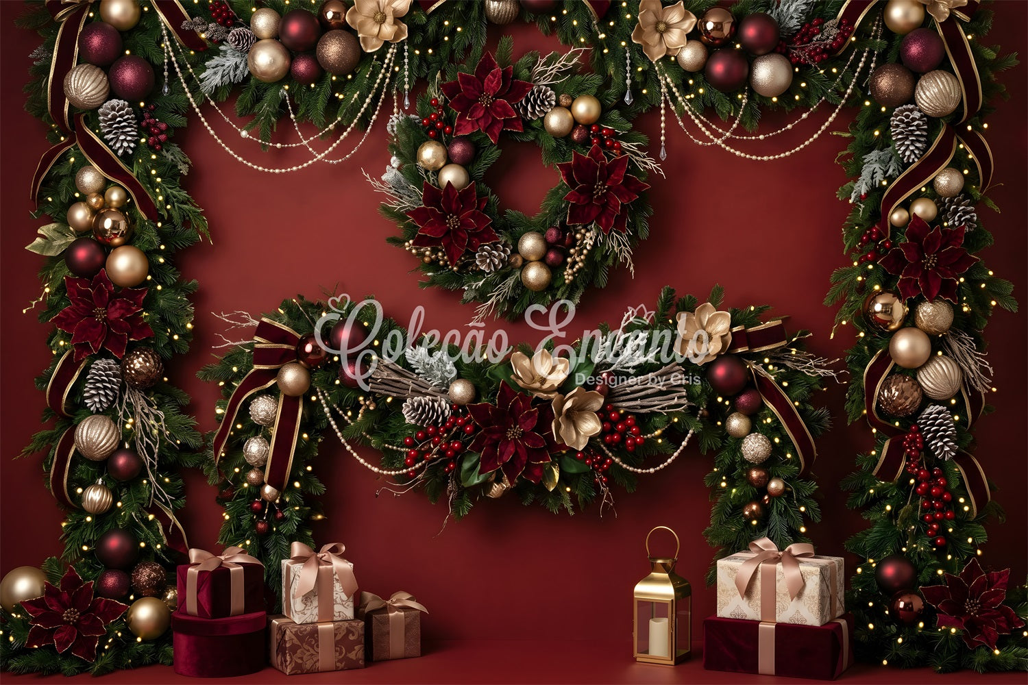 Toile de fond rouge de Noël avec poinsettias bordeaux guirlande et cadeaux CEM65-82