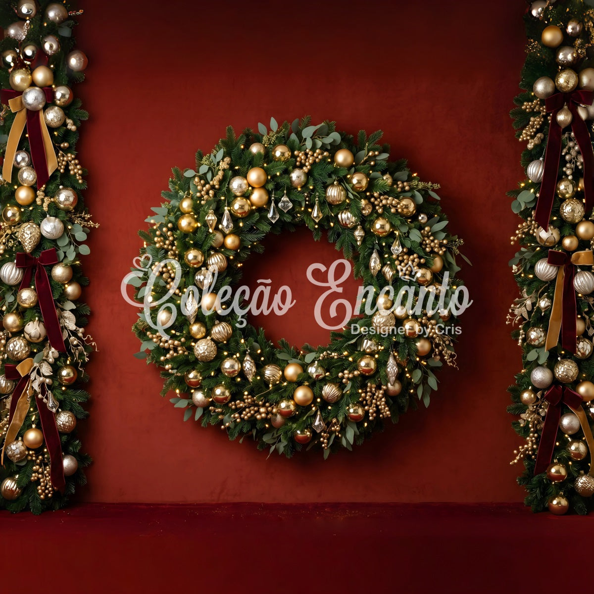 Toile de fond photo de Noël avec ornements dorés couronne et guirlande CEM65-83