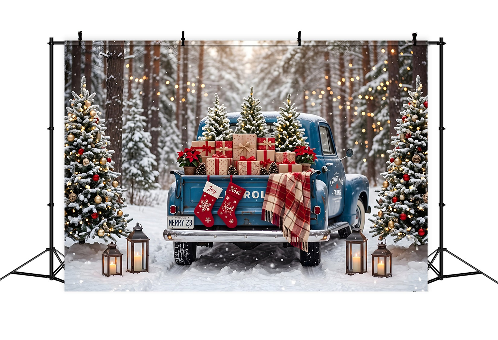 Toile de fond professionnelle de Noël avec camion bleu rétro et forêt enneigée CEM65-84
