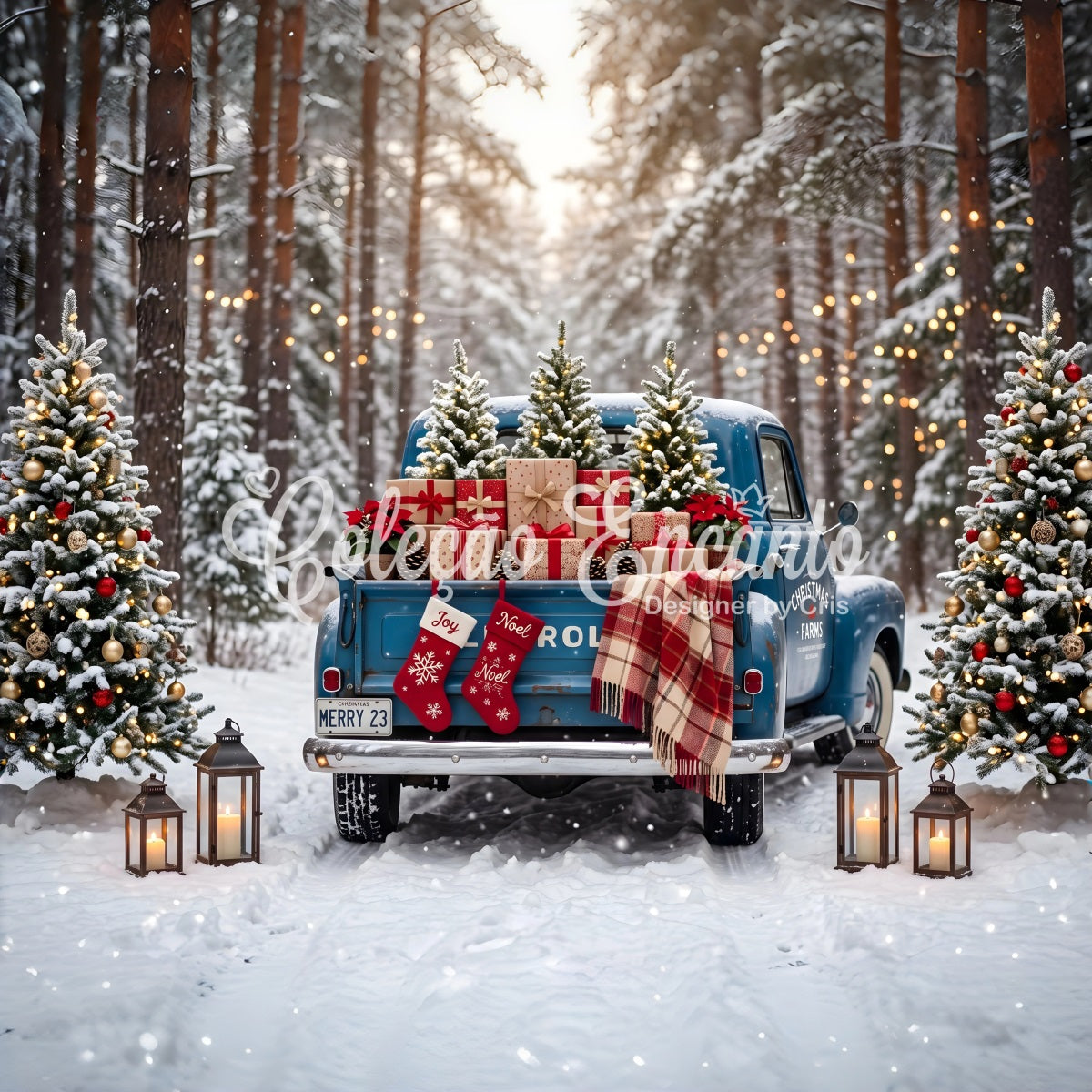 Toile de fond professionnelle de Noël avec camion bleu rétro et forêt enneigée CEM65-84