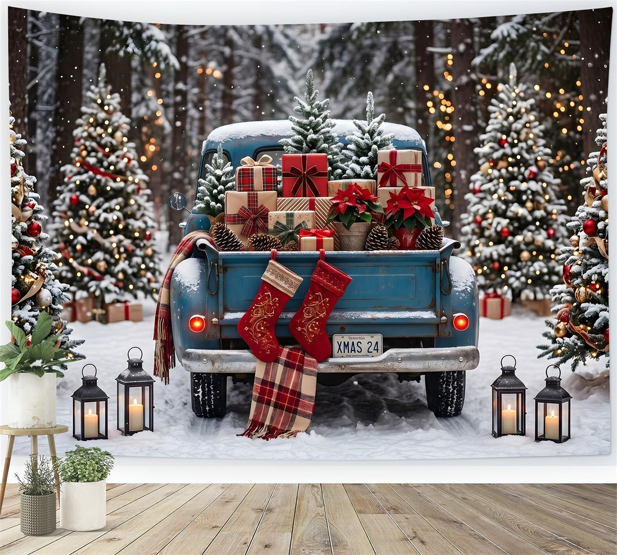 Toile de fond de Noël avec camion bleu rétro forêt et cadeaux CEM65-85
