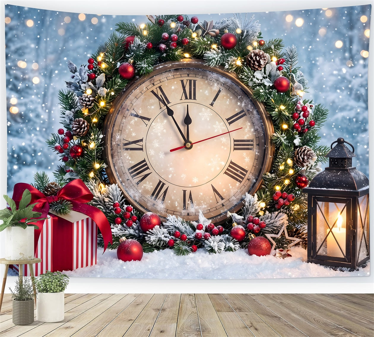 Toile de fond de Noël avec horloge de minuit enneigée couronne et lanterne CEM65-86