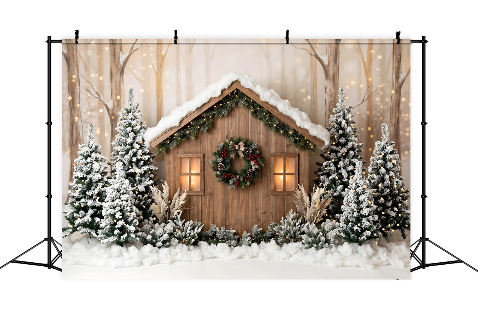 Toile de fond extérieure de Noël avec chalet boisé enneigé et pins lumineux CEM65-87
