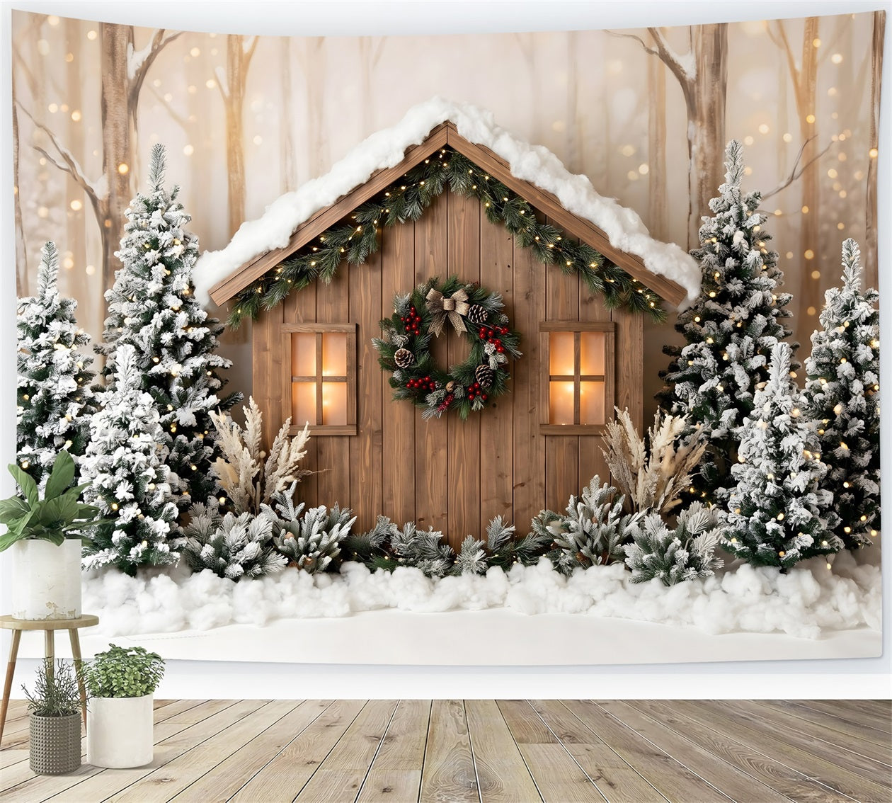 Toile de fond extérieure de Noël avec chalet boisé enneigé et pins lumineux CEM65-87