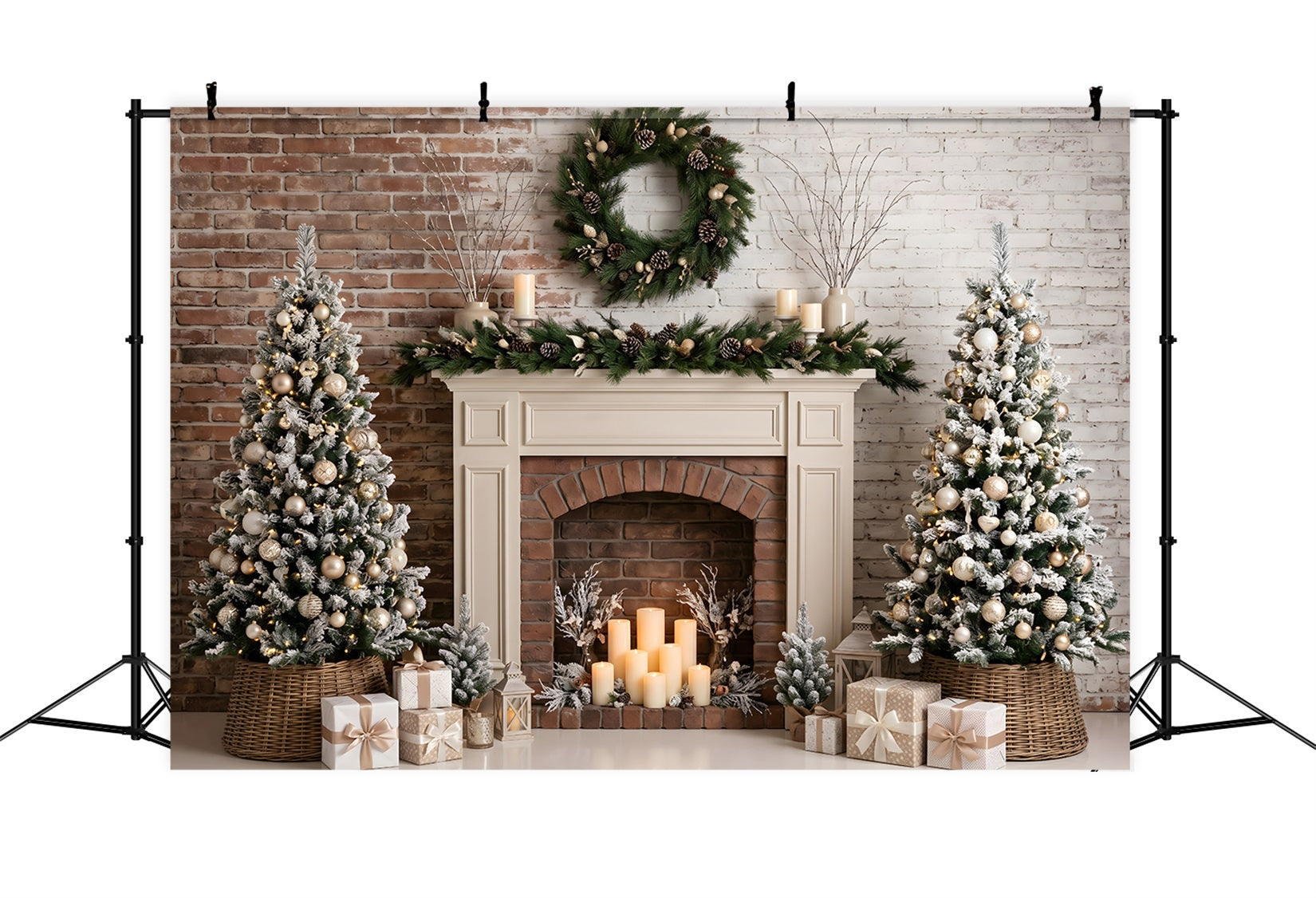 Toile de fond photo de Noël avec cheminée givrée bougies et sapins CEM65-88