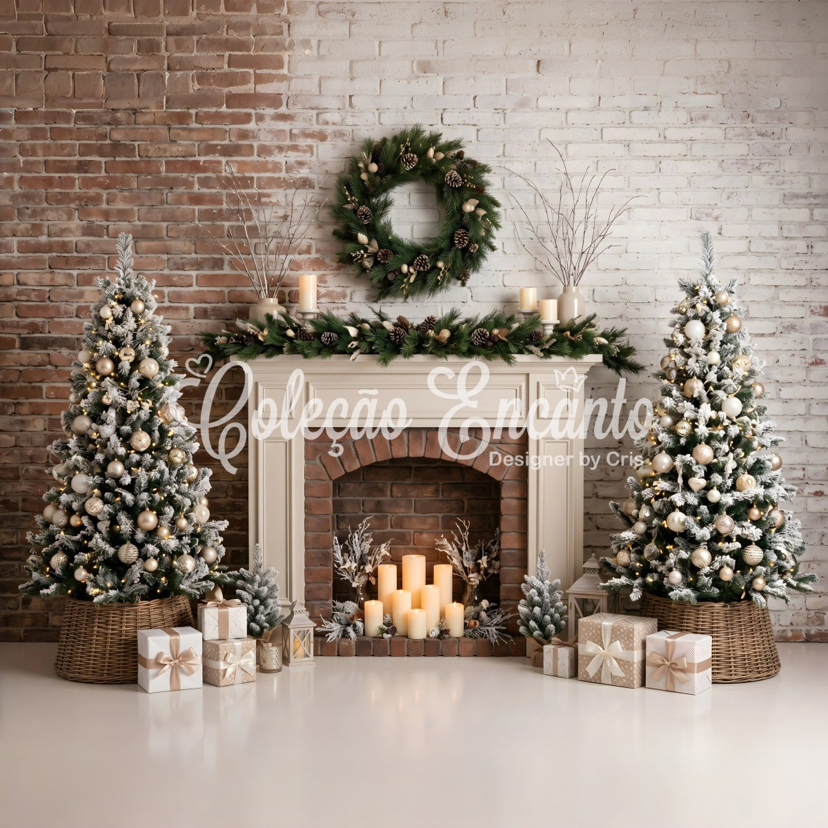 Toile de fond photo de Noël avec cheminée givrée bougies et sapins CEM65-88