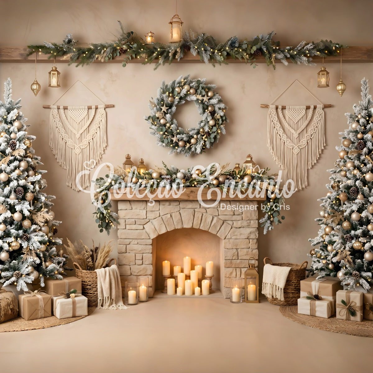 Toile de fond bohème de Noël avec macramé cheminée bougies et sapins CEM65-89