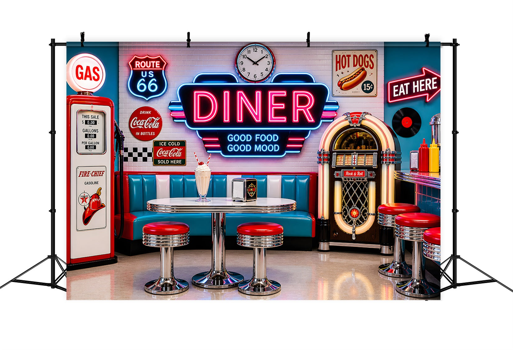 Toile de fond photo pour nouveau-né avec restaurant rétro lumineux banquette et machine musicale CEM65-9
