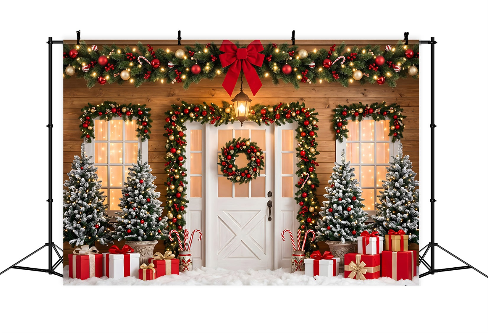 Toile de fond de Noël avec porte ornée d’un nœud rouge guirlande et cadeaux CEM65-90