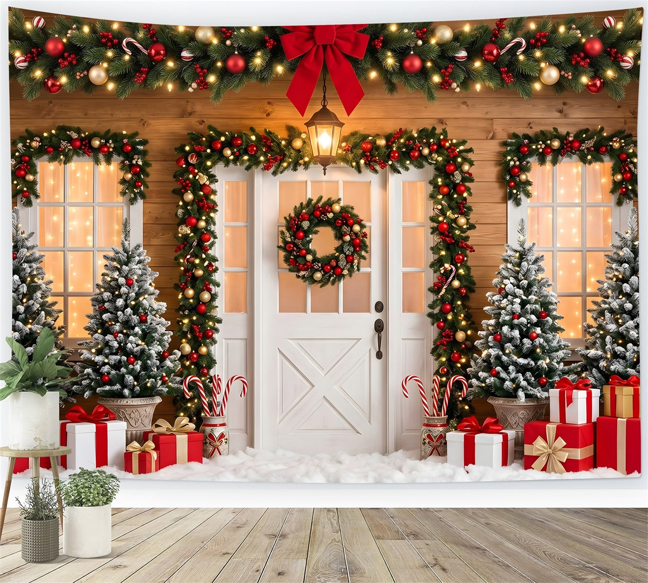 Toile de fond de Noël avec porte ornée d’un nœud rouge guirlande et cadeaux CEM65-90