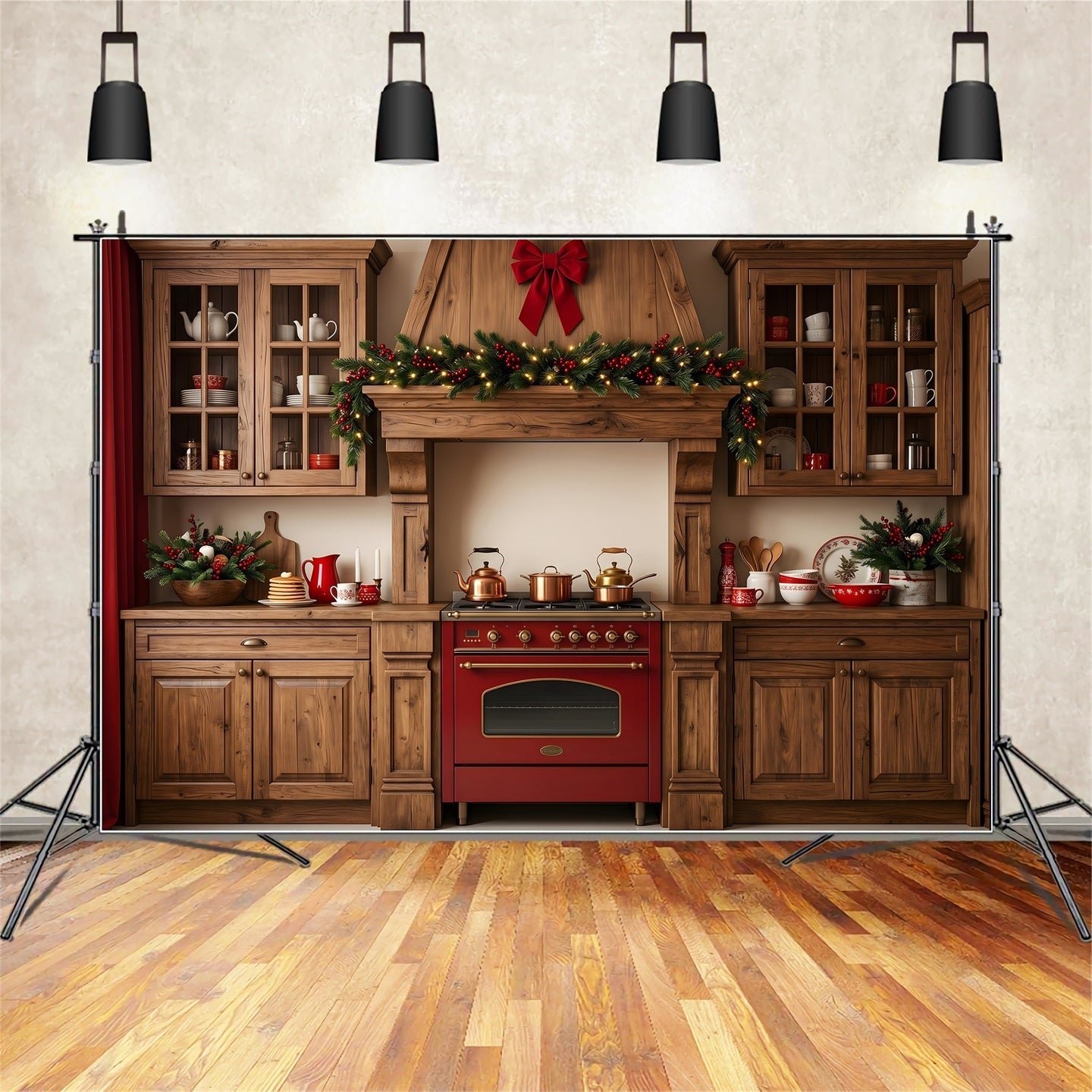 Toile de fond de cuisine de Noël avec pin et guirlande rustique CEM65-96